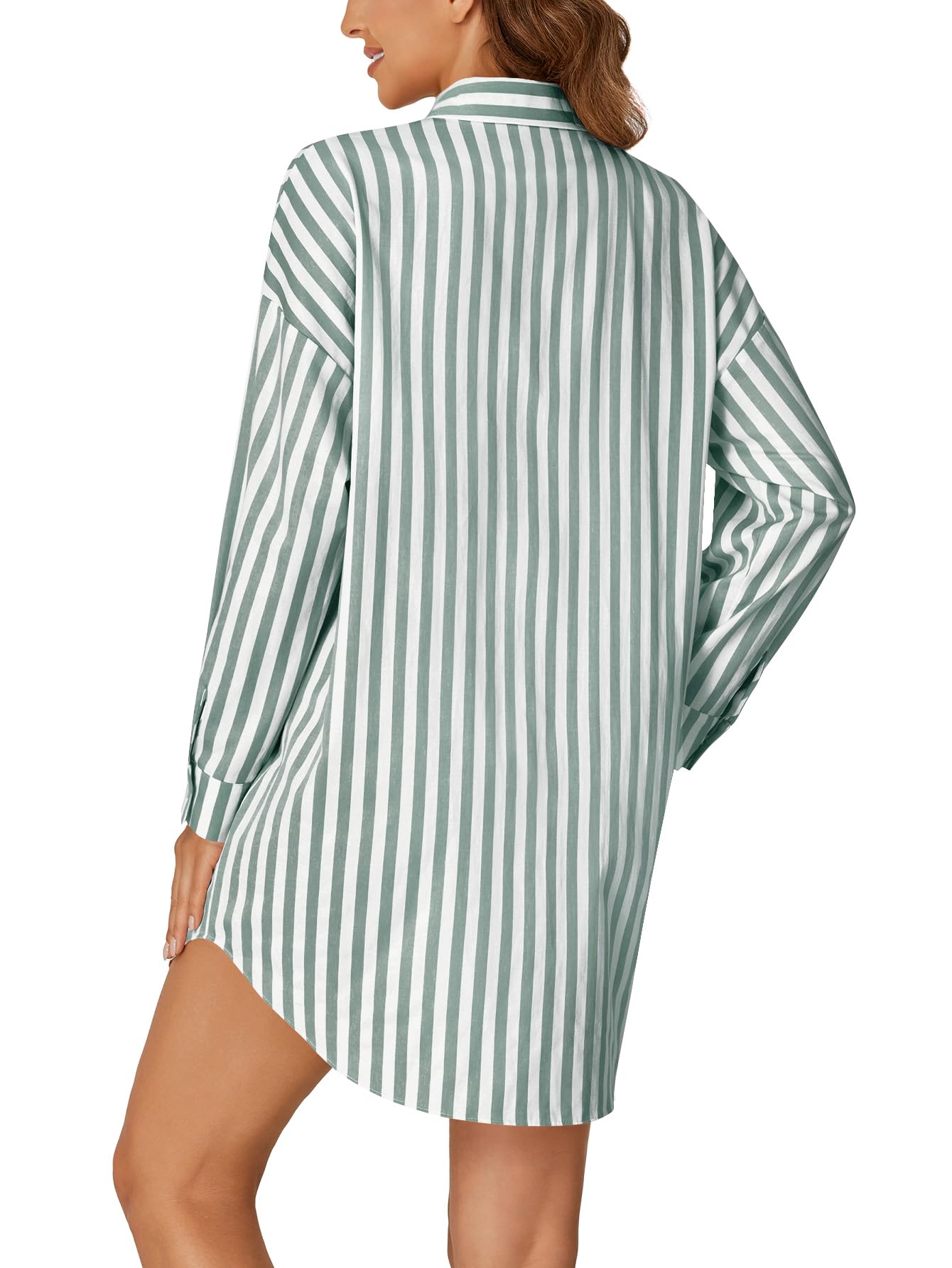 LYANER Women's Striped Nightgown V-neck Fashionable Slim-fit Long-sleeve Nightgown Button-up Casual Nightgown Nightdress