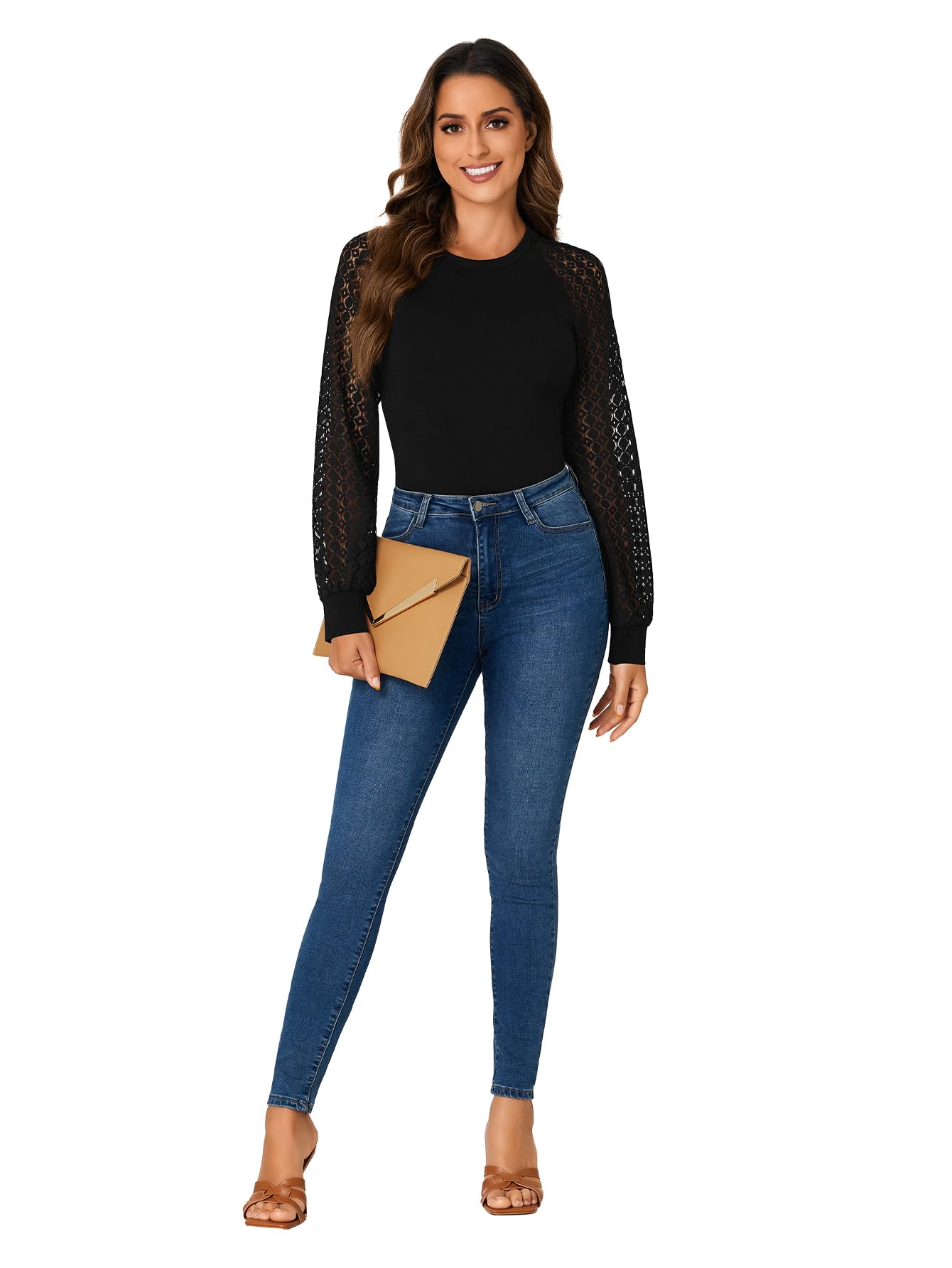 LYANER Women's Crew Neck Bodysuit Lace Hollow Out Long Sleeve Slim Fit Stretchy Leotards Tops