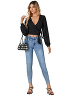 LYANER Women's Fashion Wrap-Around V-Neck Self-Tie Long-Sleeved Ribbed Knit Short Shirt  New Summer Fashion Apparel