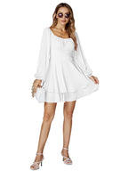 LYANER Women's Lantern Long Sleeve Wrap Tie Back Square Neck Double Layer Ruffle Hem A Line Short Mini Dress