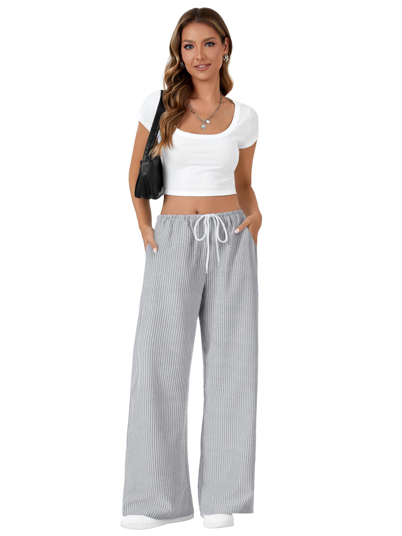 LYANER Women's Wide Leg Striped Pants Casual Drawstring Elastic Low Rise Pajama Pants Lounge Wear Trousers