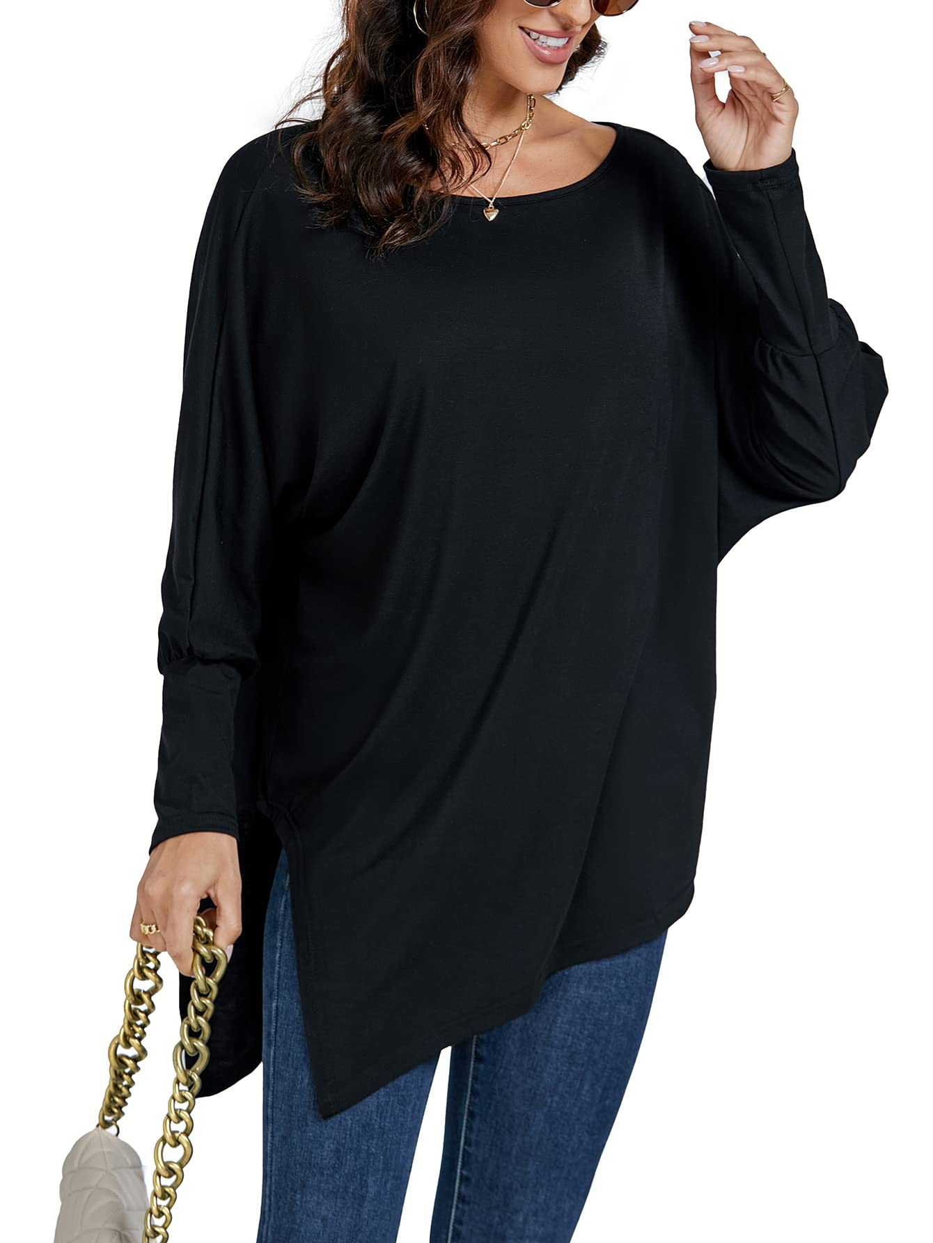 LYANER Women's Boat Neck Asymmetrical Hem Batwing Sleeve Long Sleeve Slit Loose Summer Dress Top Fashionable and Elegant