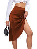 LYANER Women's Satin Skily Asymmetrical Split Slit Ruched Hight Waist Bodycon Midi Skirt