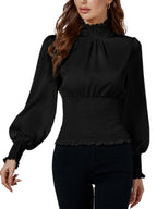 LYANER Women's Shirred Frill Mock Neck Smocked Puff Long Sleeve Blouse Top