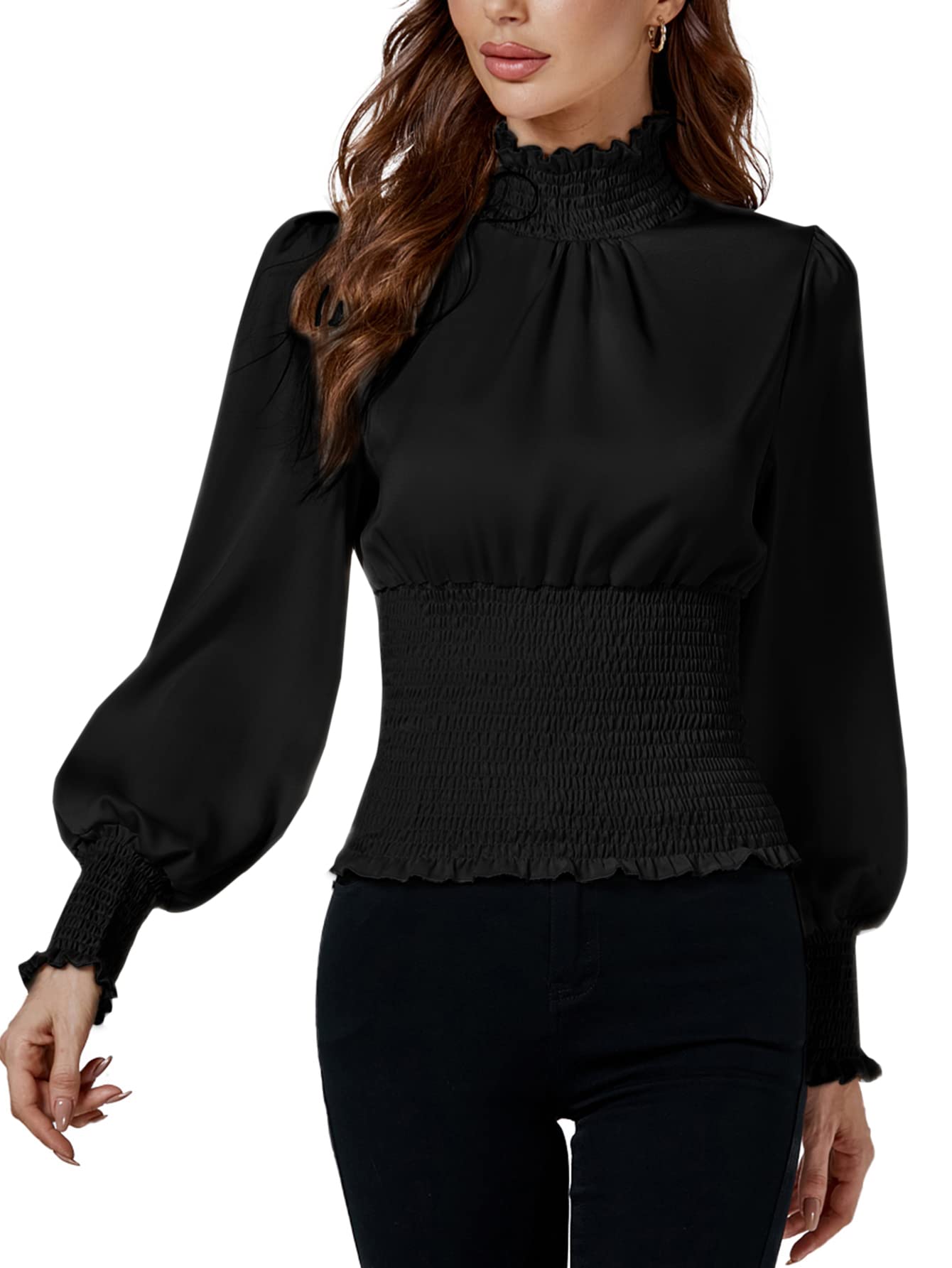 LYANER Women's Shirred Frill Mock Neck Smocked Puff Long Sleeve Blouse Top