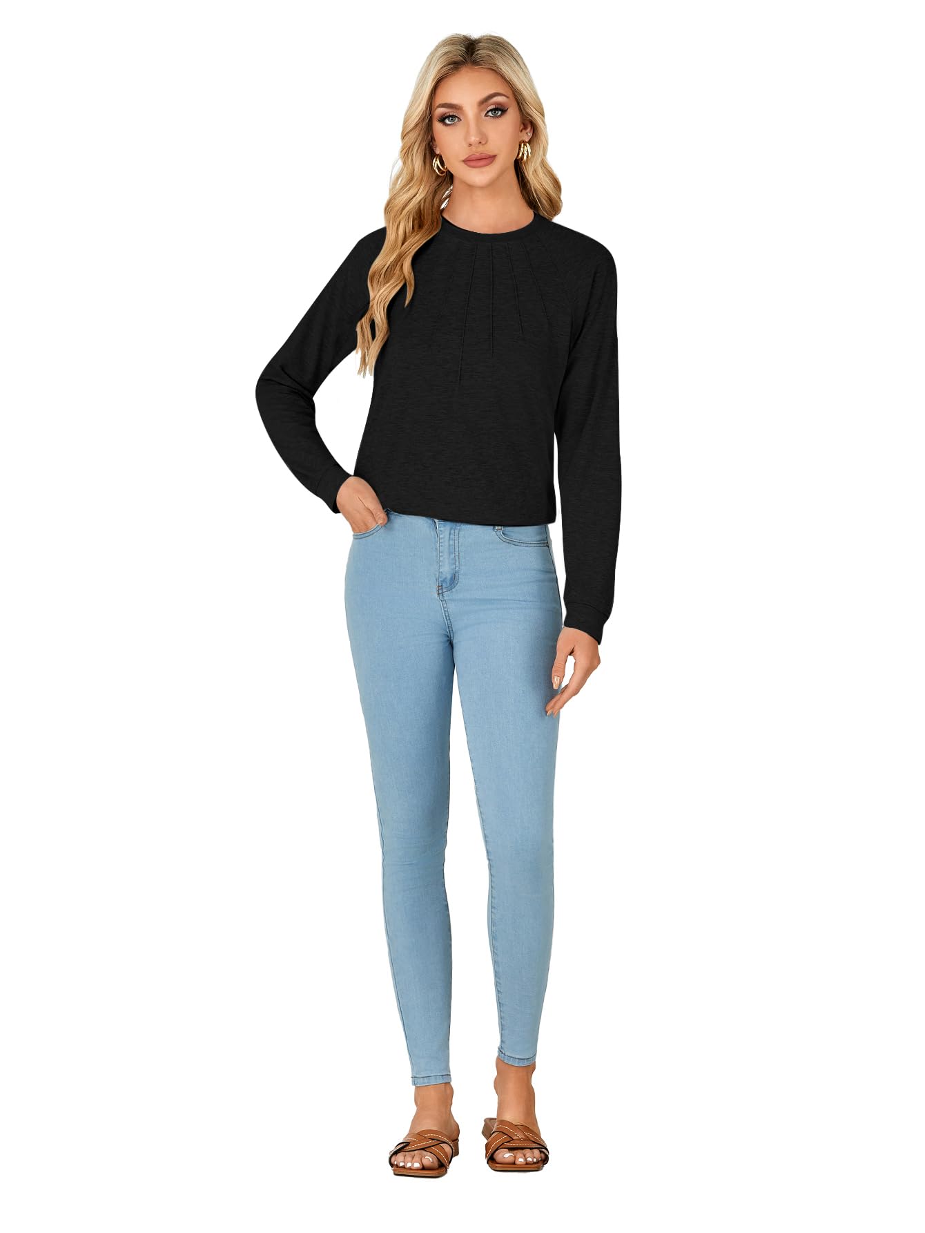 LYANER Women's Fashion Long Sleeve Shirt Round Neck Pleated T-Shirt Summer Fashion Women's Clothing