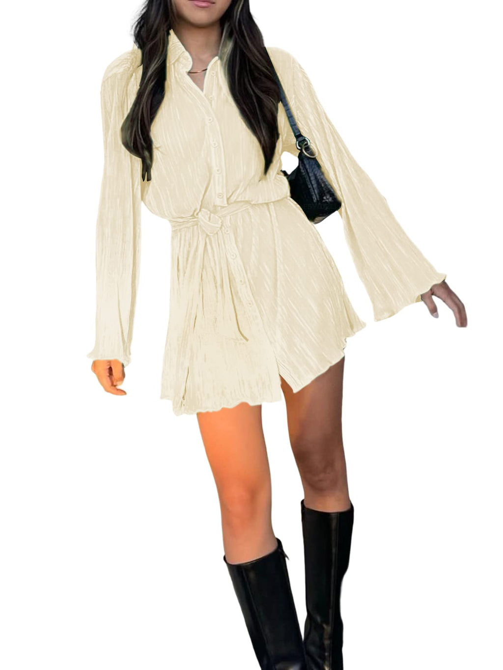 LYANER Women's Collar V Neck Button Down Pleated Long Sleeve Mini Shirt Dress with Belt