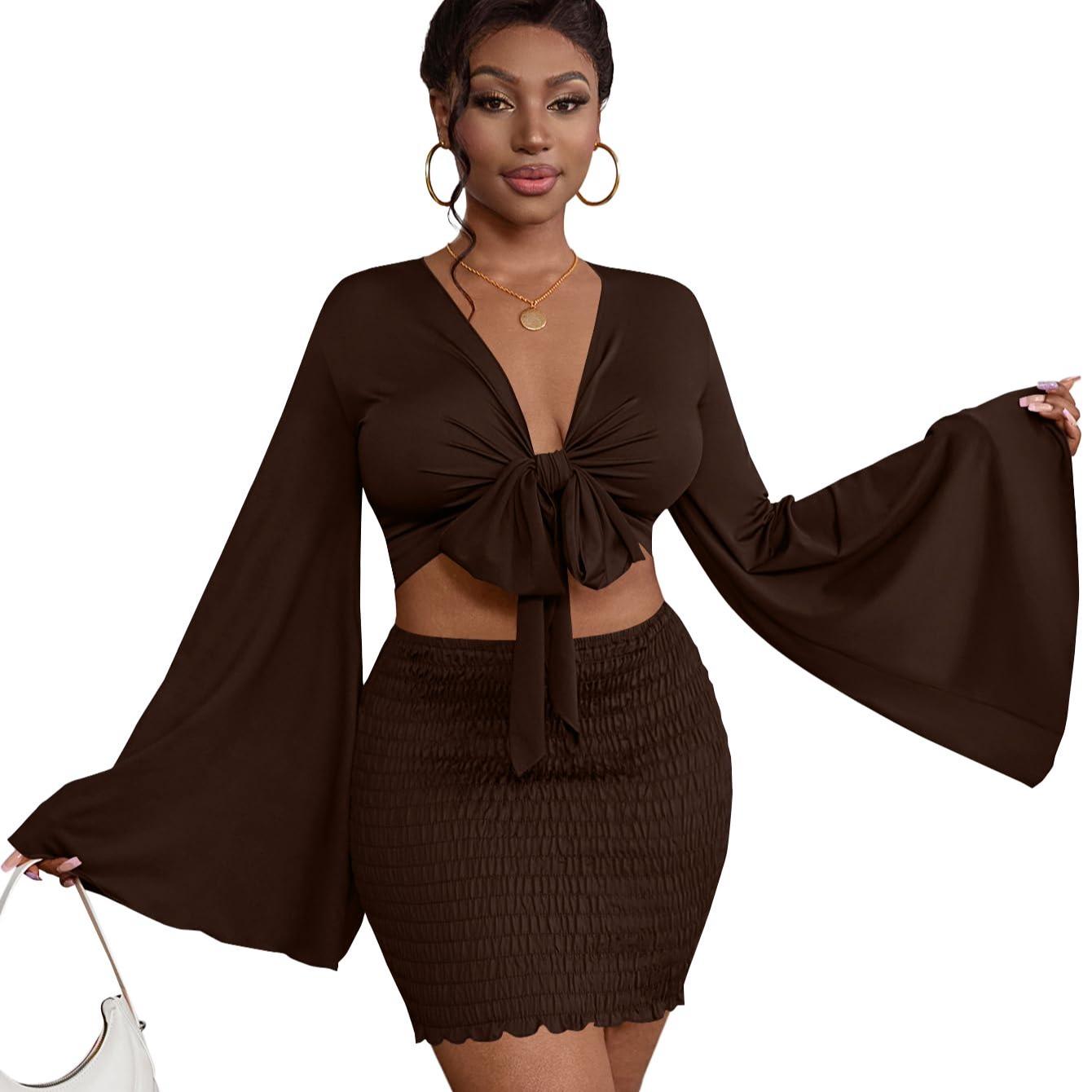 LYANER Women's Two-Piece Set with Tie-Front Slit Long-Sleeved Cropped Top and Mini Skirt Set in Light Green Girly Style Clothing