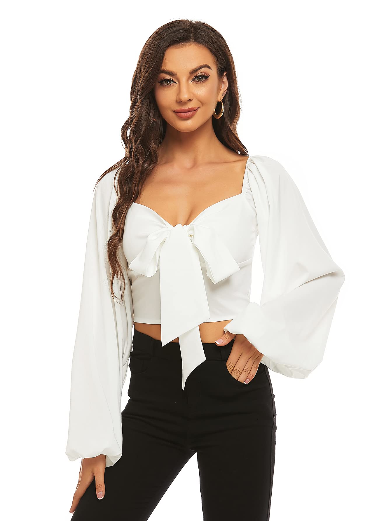 LYANER Women's Tie-Front Pleated Back Lantern Sleeve Short-Sleeve Shirt T-Shirt Summer Fashion