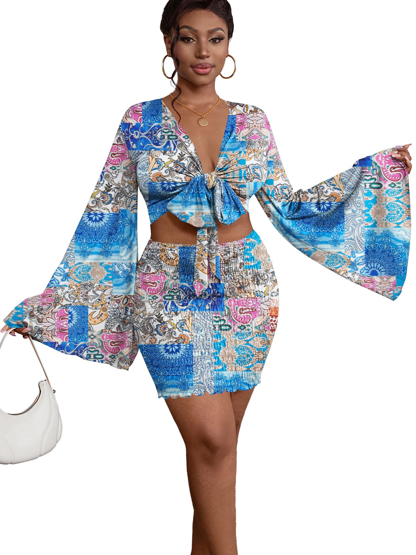 LYANER Women's Two-Piece Set with Tie-Front Slit Long-Sleeved Cropped Top and Mini Skirt Set in Blue Girly Style Clothing