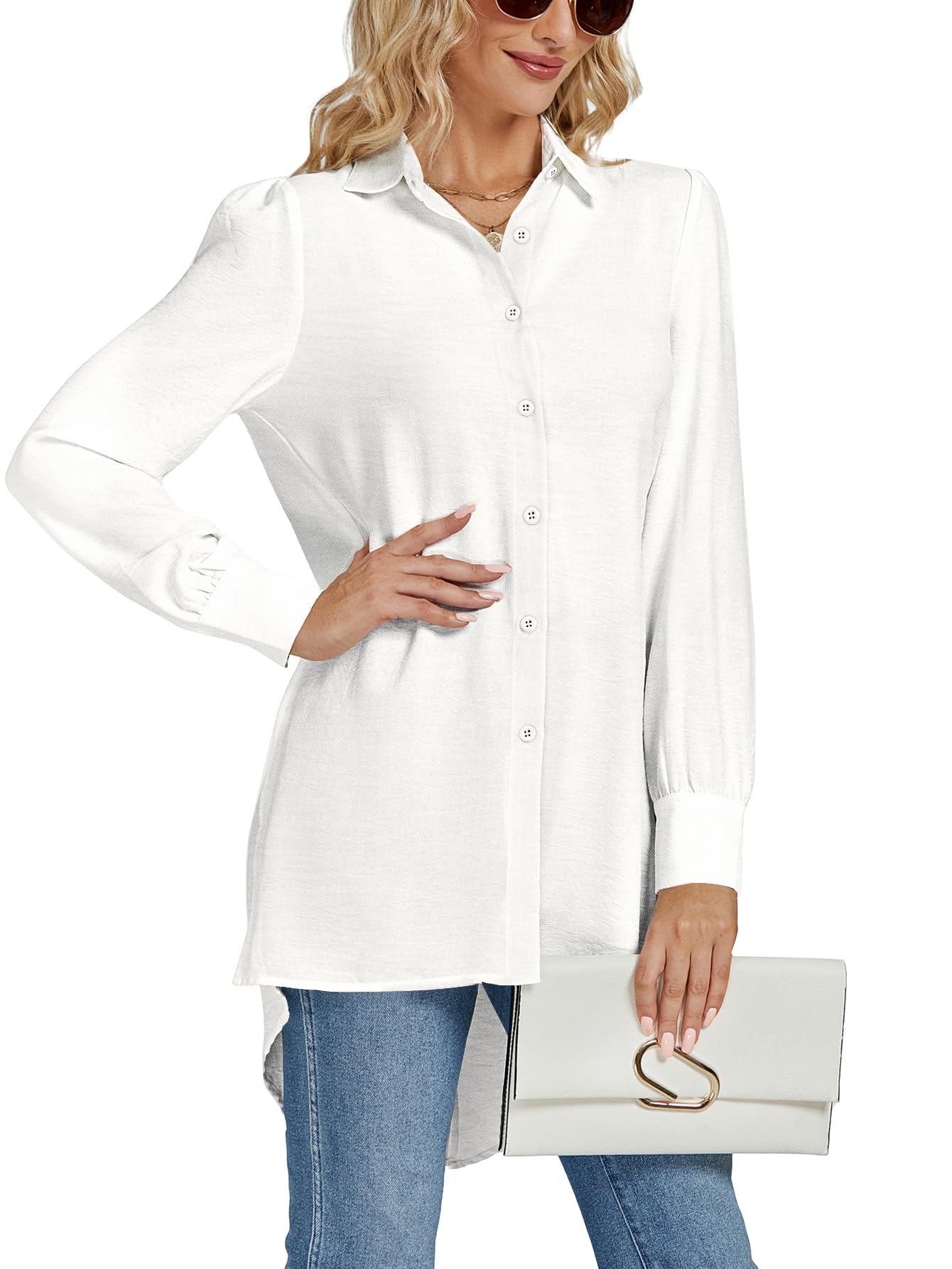 LYANER Women's V-neck Fashion Slit Hem Button-up Long-sleeved Shirt White Dress Top  Fashionable and Elegant Style