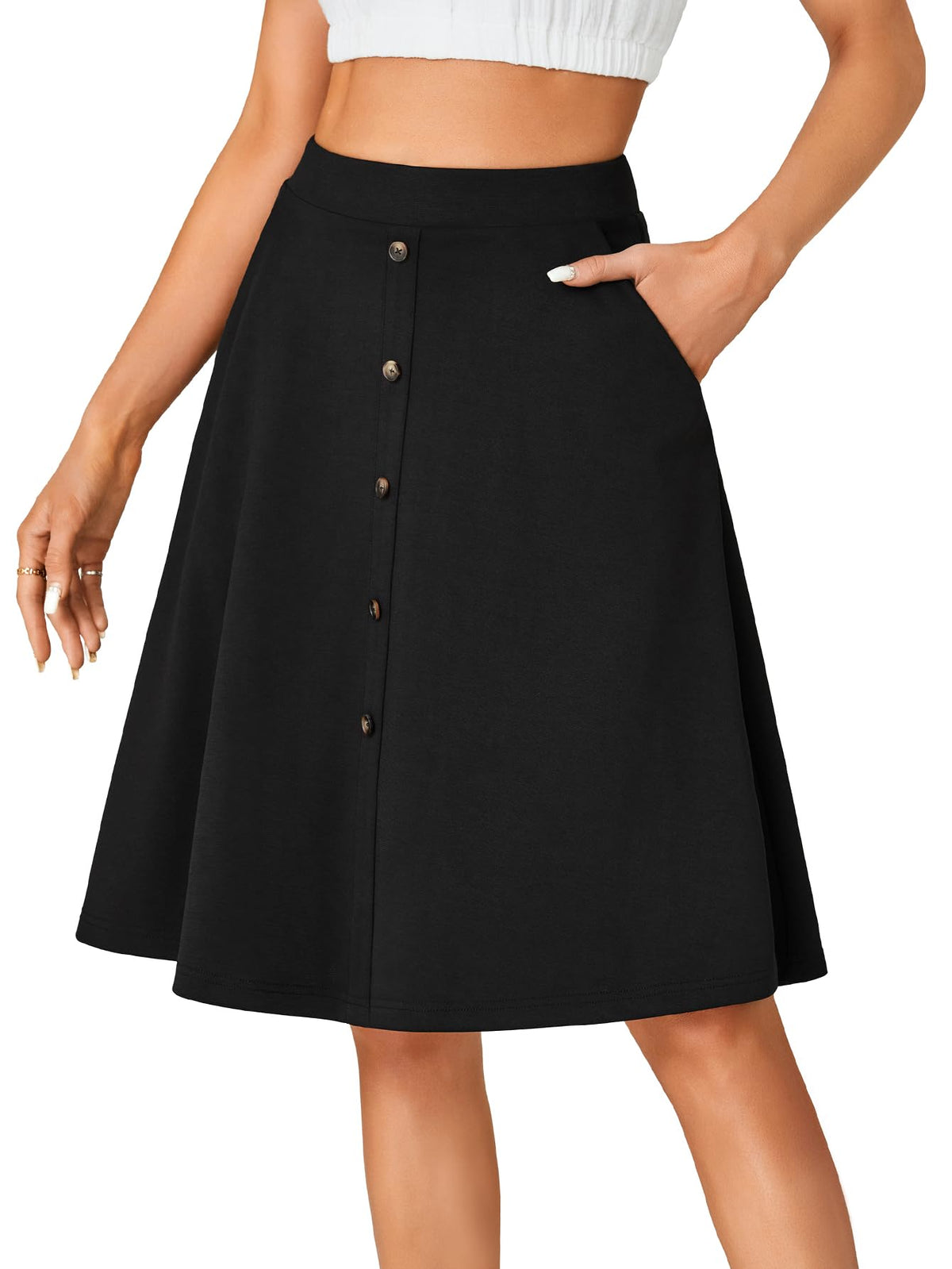 LYANER  Women's Knee Length Casual Skirt Stretchy Button High Waist A-Line Flared Vintage Midi Skirts with Pocket