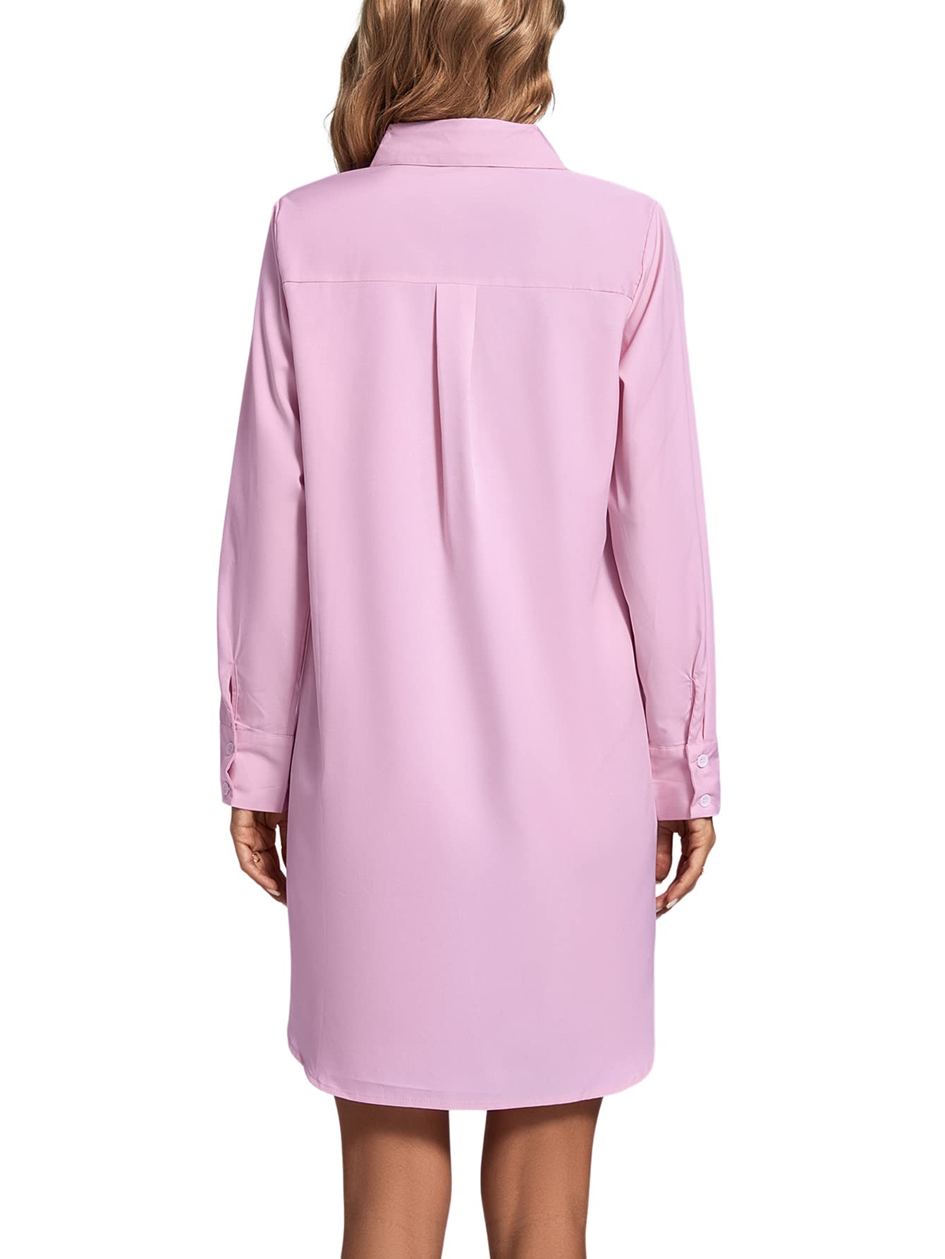 LYANER Women's Collar V Neck Button Down Long Sleeve Cruved Hem Shirt Dress Boyfriend with Pockets