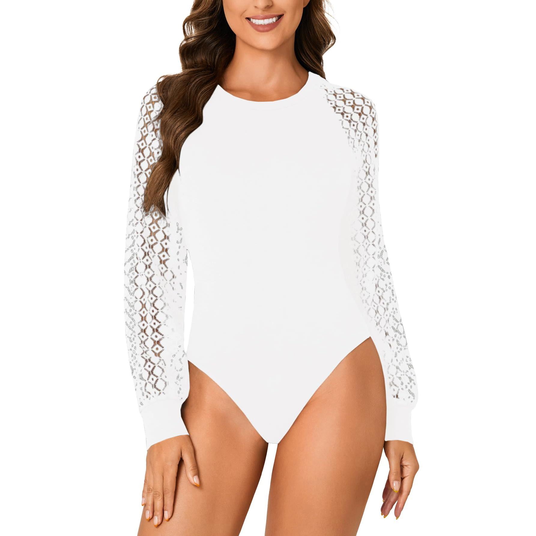 LYANER Women's Crew Neck Bodysuit Lace Hollow Out Long Sleeve Slim Fit Stretchy Leotards Tops