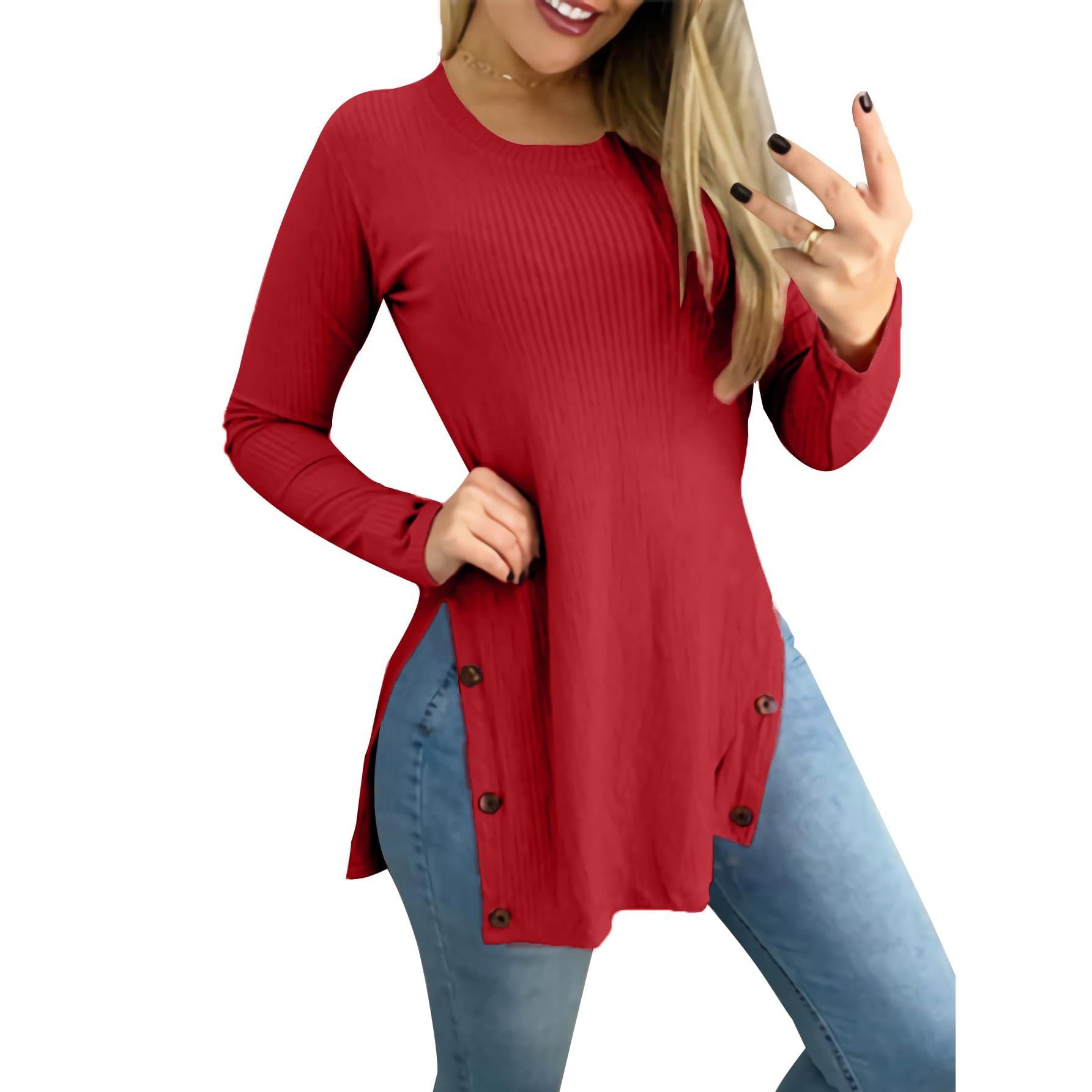 LYANER Women's Button Split Slit Sides Scoop Neck Long Sleeve Blouse Tunic Top