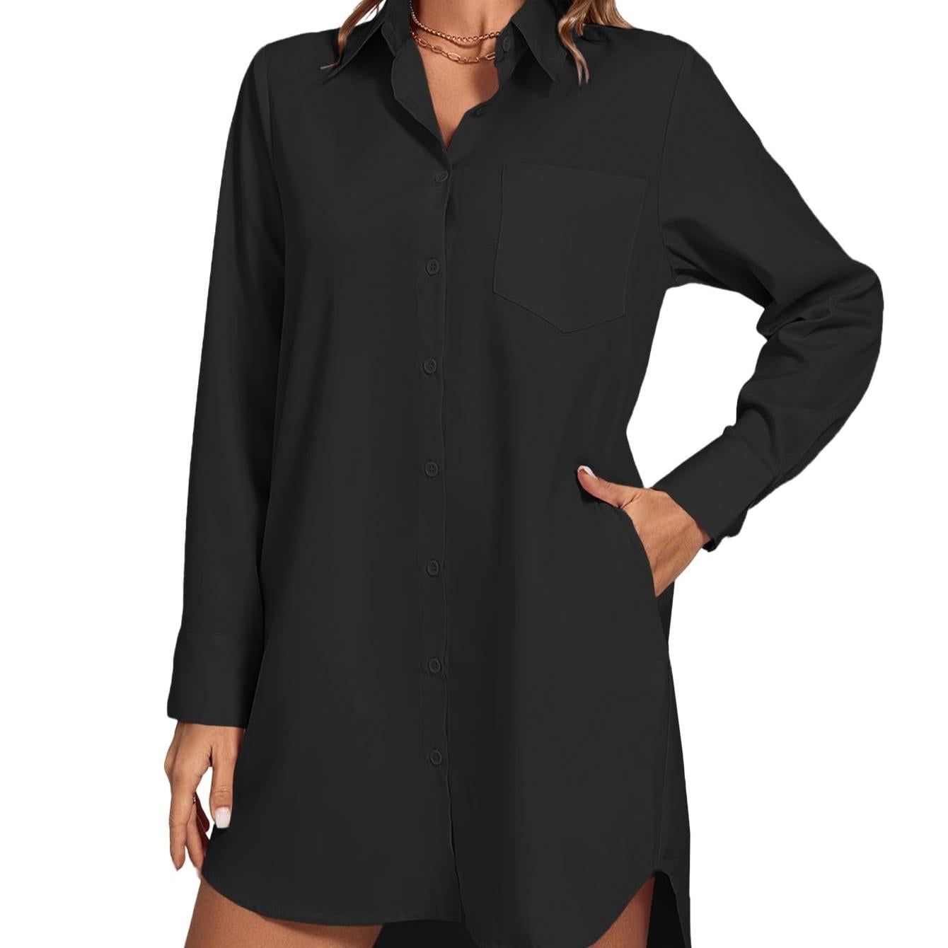 LYANER Women's Fashion Stand-up Collar V-neck Button-up Long-sleeved Curved Hem Shirt Dress  Sexy Form-fitting Summer Clothing with Pockets  Pure
