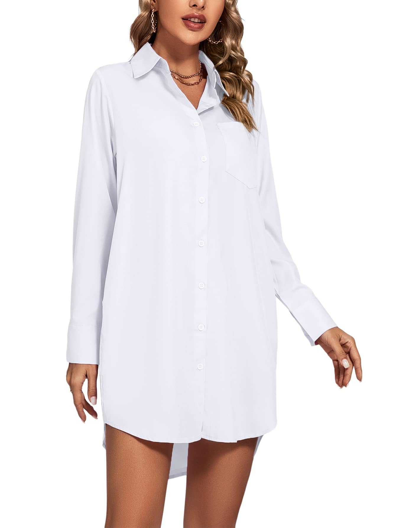 LYANER Women's Fashion Stand-up Collar V-neck Button-up Long-sleeved Curved Hem Shirt Dress  Sexy Form-fitting Summer Clothing with Pockets  Pure