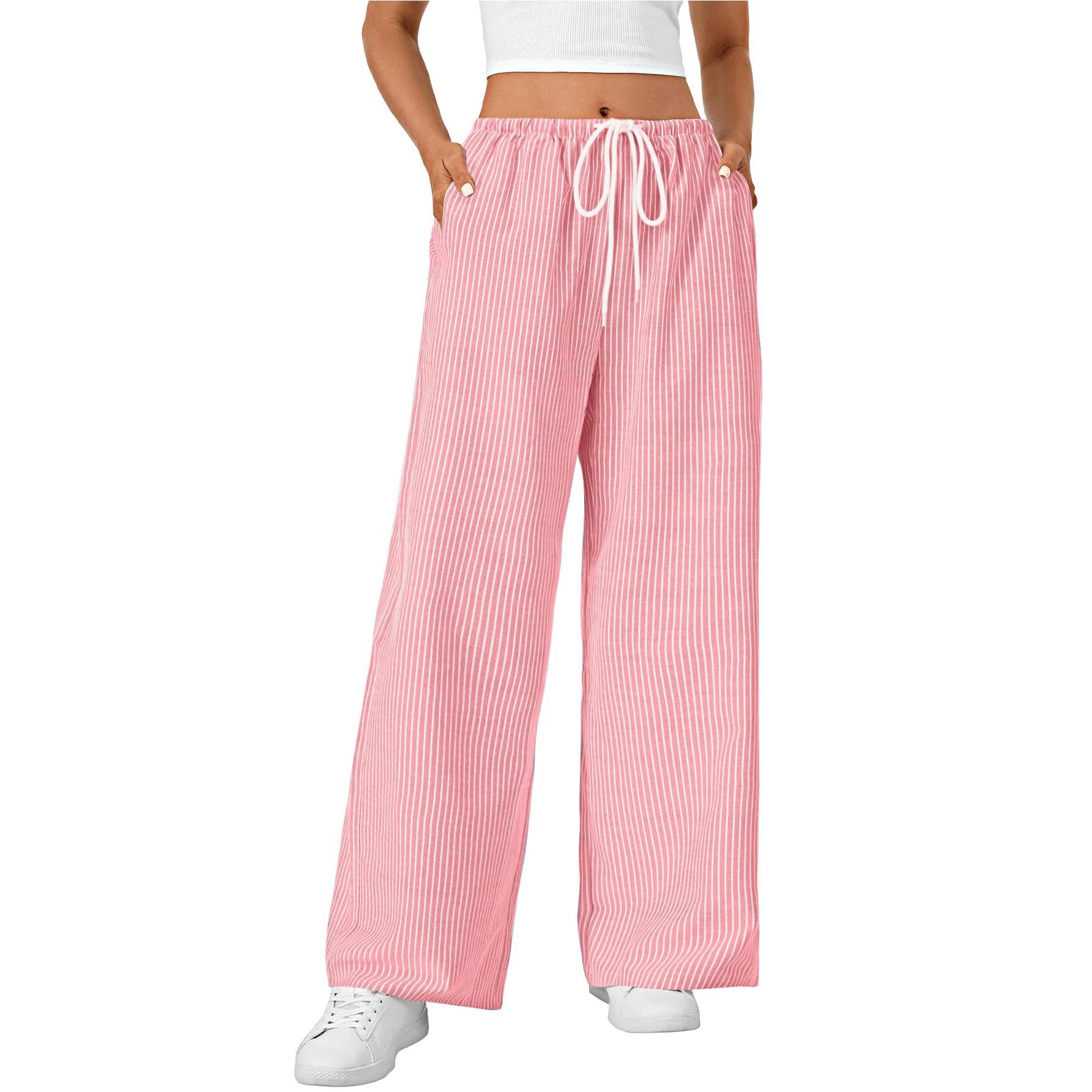 LYANER Women's Wide Leg Striped Pants Casual Drawstring Elastic Low Rise Pajama Pants Lounge Wear Trousers
