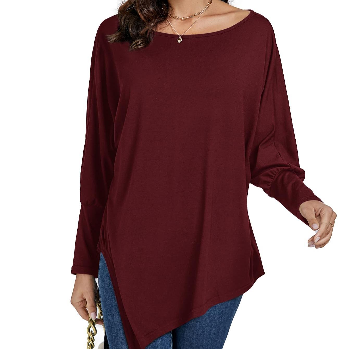 LYANER Women's Boat Neck Asymmetrical Hem Batwing Sleeve Long Sleeve Slit Loose Summer Dress Top Fashionable and Elegant