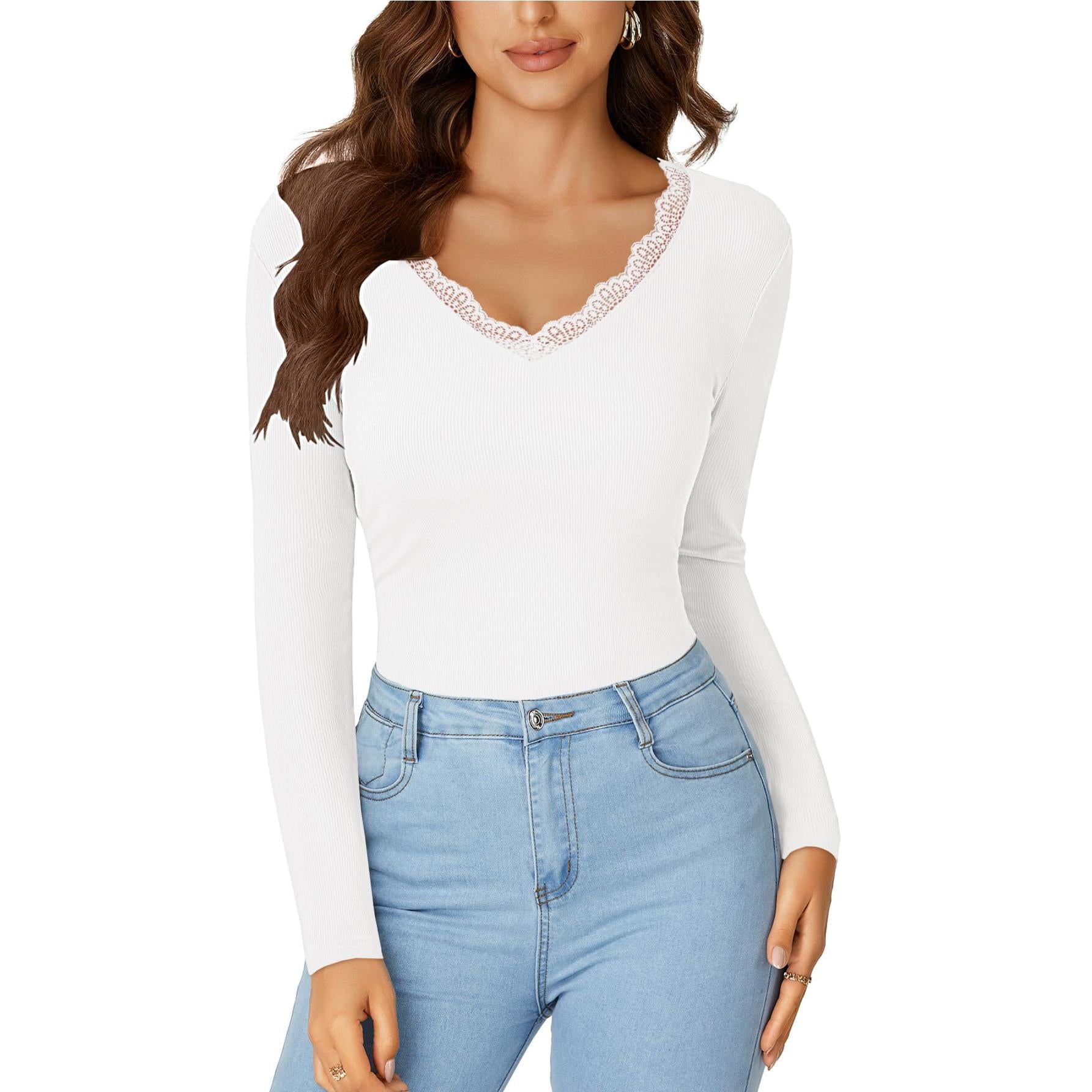 LYANER Women's Long-Sleeved Shirt Fashionable Lace V-Neck Basic Casual Ribbed Knit Top Fashionable and Cute Clothing