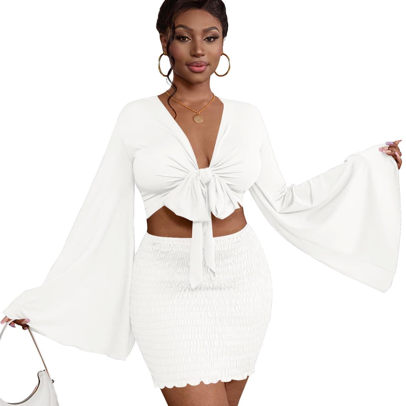 LYANER Women's Two-Piece Set with Tie-Front Slit Long-Sleeved Cropped Top and Mini Skirt Set in Light Green Girly Style Clothing