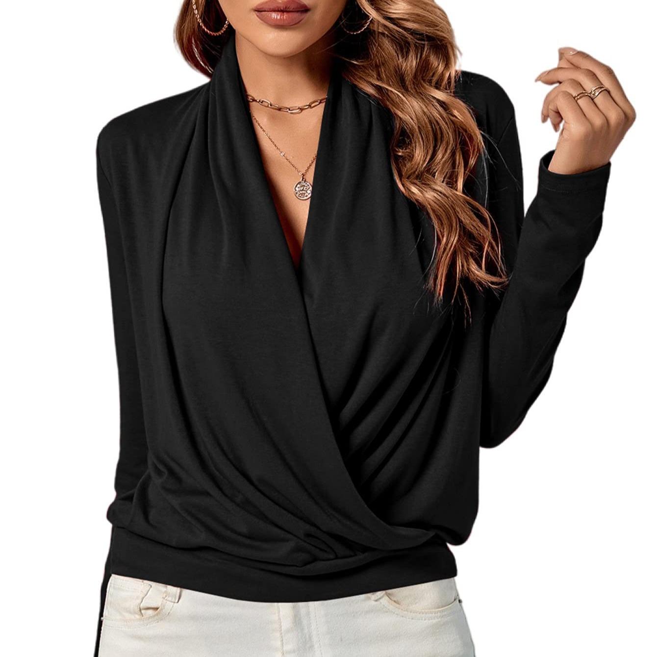 LYANER Women's Casual V-neck Cross-over Long Sleeve Summer New Style Fashion Solid Color Women's Shirt Top
