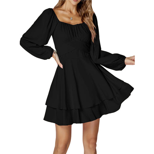 LYANER Women's Lantern Long Sleeve Wrap Tie Back Square Neck Double Layer Ruffle Hem A Line Short Mini Dress