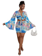 LYANER Women's Two-Piece Set with Tie-Front Slit Long-Sleeved Cropped Top and Mini Skirt Set in Blue Girly Style Clothing