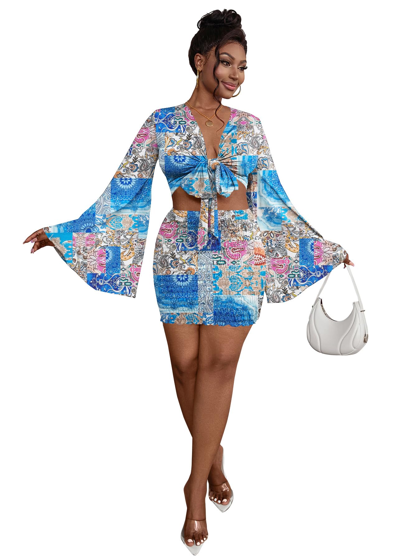 LYANER Women's Two-Piece Set with Tie-Front Slit Long-Sleeved Cropped Top and Mini Skirt Set in Blue Girly Style Clothing