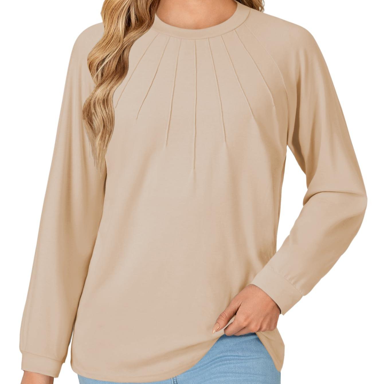 LYANER Women's Fashion Long Sleeve Shirt Round Neck Pleated T-Shirt Summer Fashion Women's Clothing