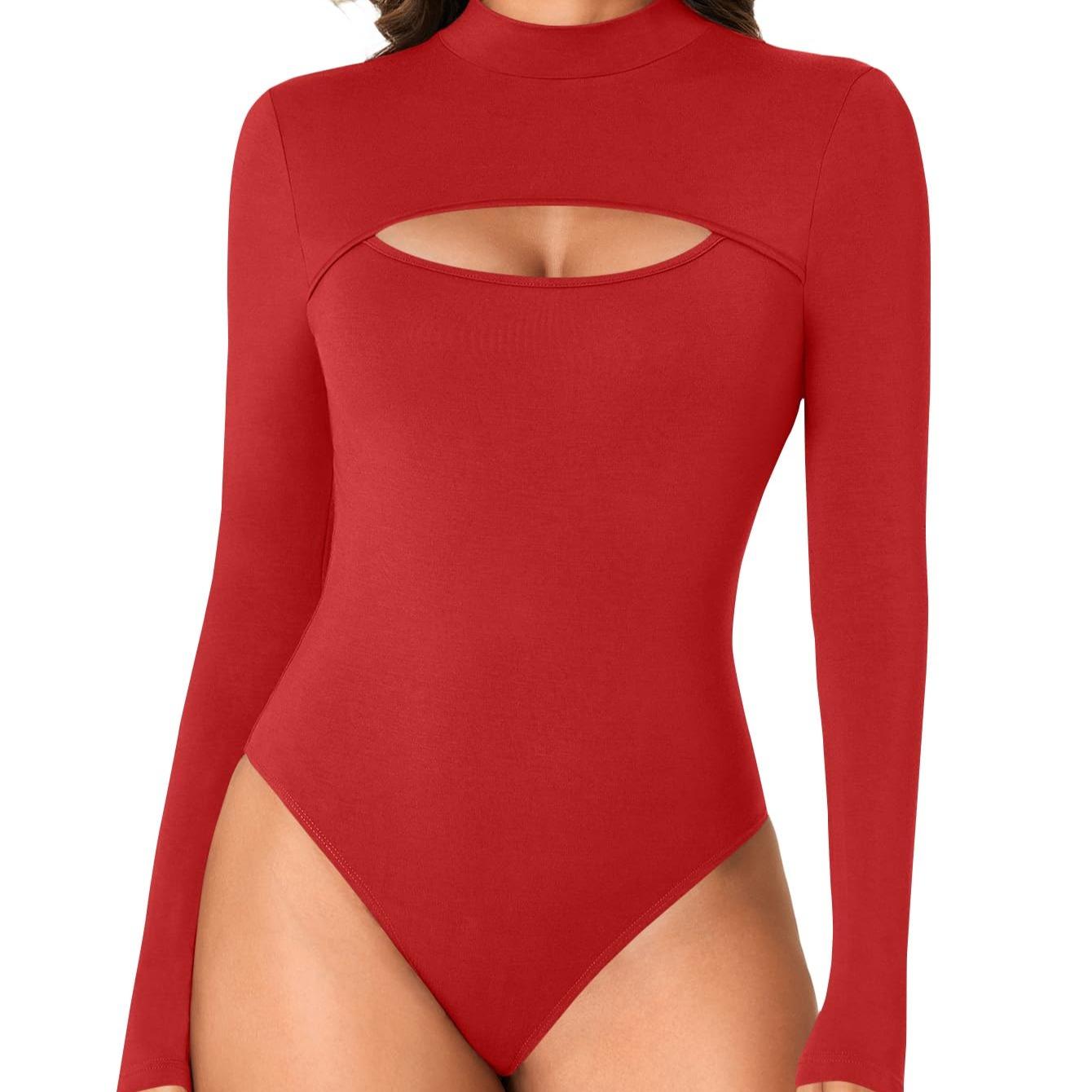 LYANER Women's High Neck Sexy Openwork Front Slit Long Sleeve Form-fitting Jumpsuit Bodysuit Top New Form-fitting Clothing