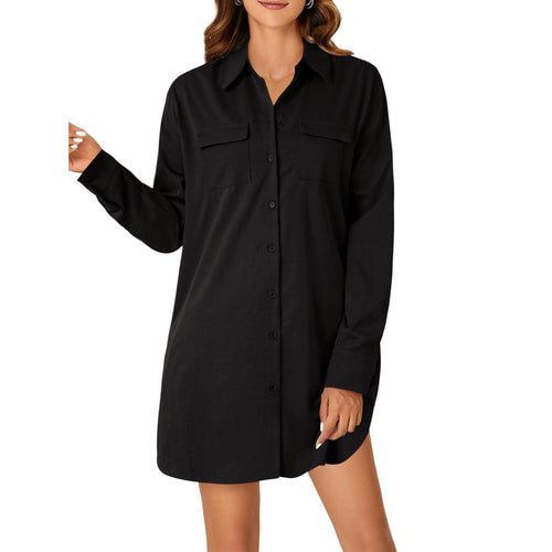 LYANER Women's Button Down Shirt Dresses Collared V Neck Long Sleeve Slit Mini Dress elegantoutfits