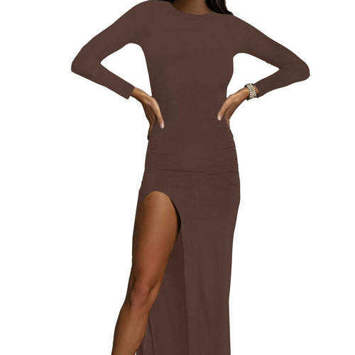 LYANER Women's High-Neck Long-Sleeve Split Hem Layered Hemline Cocktail Long Dress Summer Slim-Fit Fashionable Pure Black Long Dress