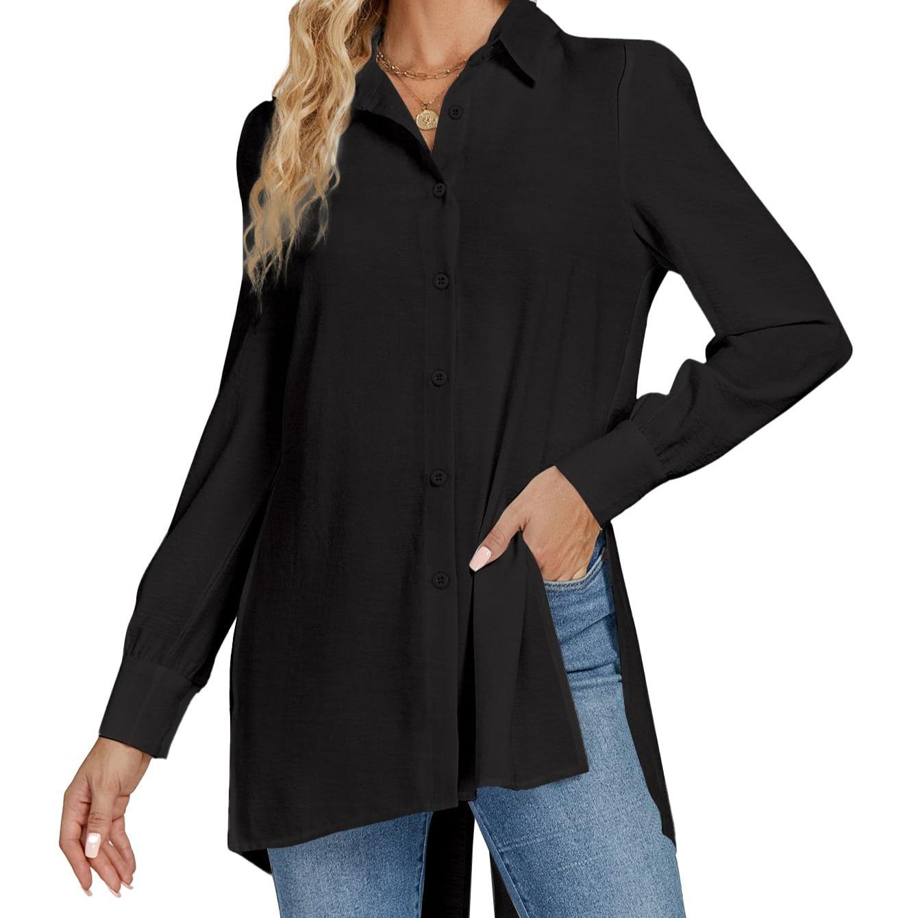 LYANER Women's V-neck Fashion Slit Hem Button-up Long-sleeved Shirt White Dress Top  Fashionable and Elegant Style