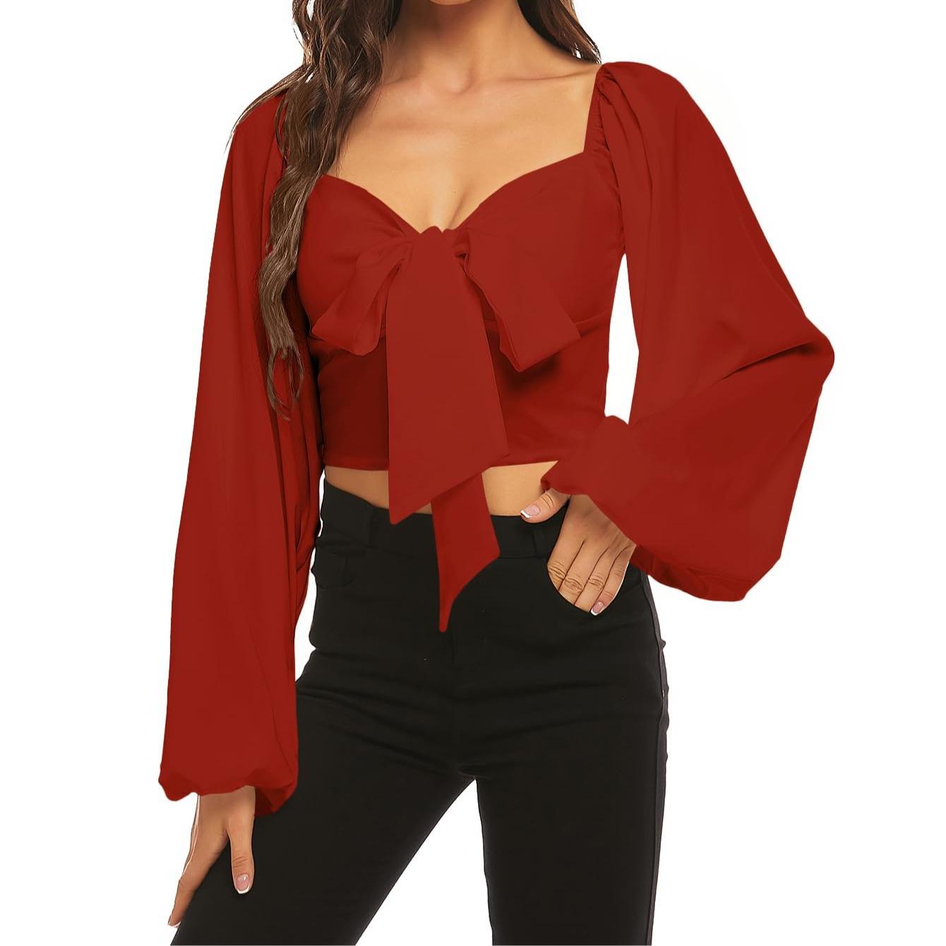 LYANER Women's Tie-Front Pleated Back Lantern Sleeve Short-Sleeve Shirt T-Shirt Summer Fashion