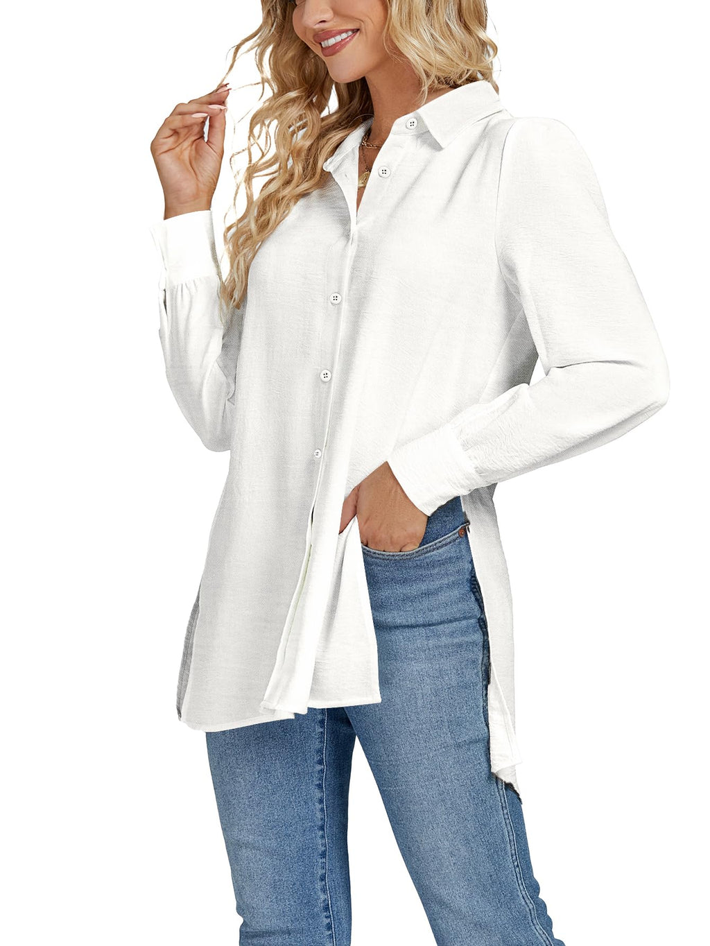 LYANER Women's V-neck Fashion Slit Hem Button-up Long-sleeved Shirt White Dress Top  Fashionable and Elegant Style
