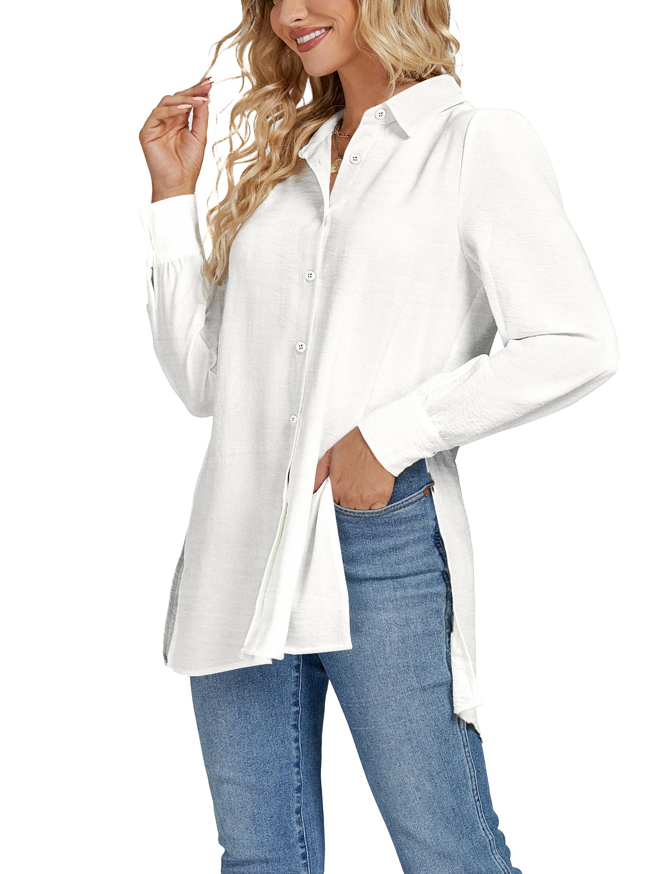 LYANER Women's V-neck Fashion Slit Hem Button-up Long-sleeved Shirt White Dress Top  Fashionable and Elegant Style