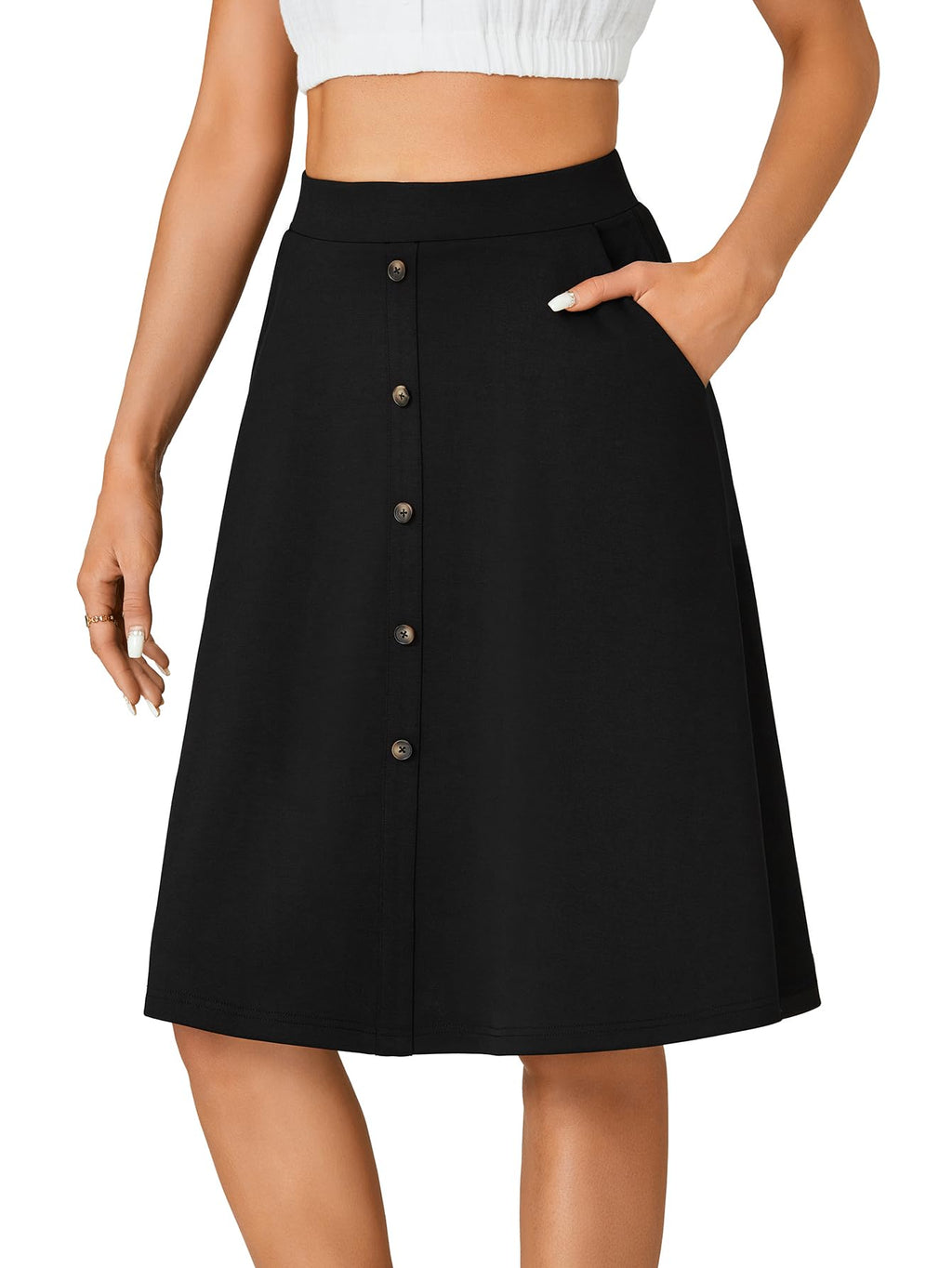 LYANER  Women's Knee Length Casual Skirt Stretchy Button High Waist A-Line Flared Vintage Midi Skirts with Pocket