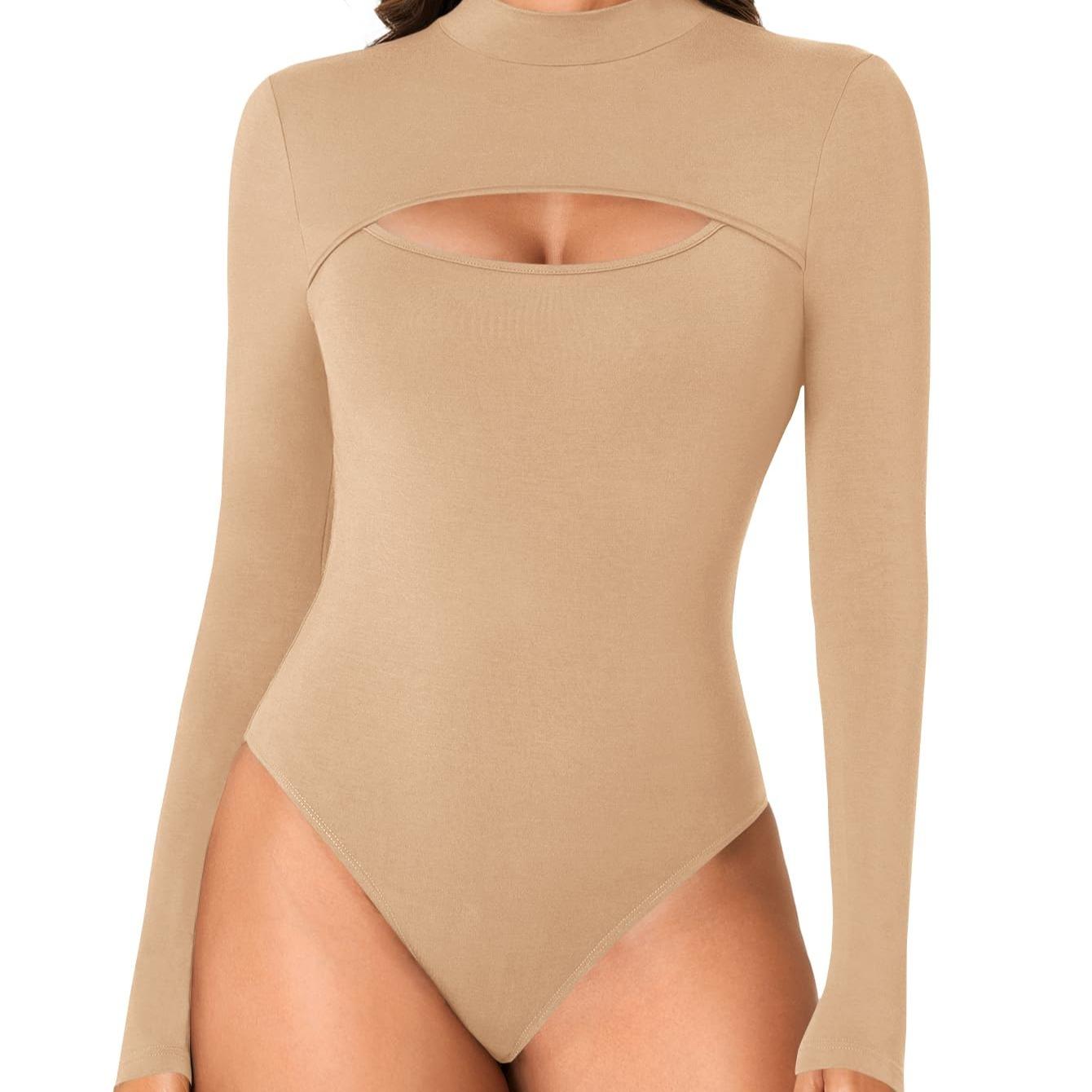 LYANER Women's High Neck Sexy Openwork Front Slit Long Sleeve Form-fitting Jumpsuit Bodysuit Top New Form-fitting Clothing