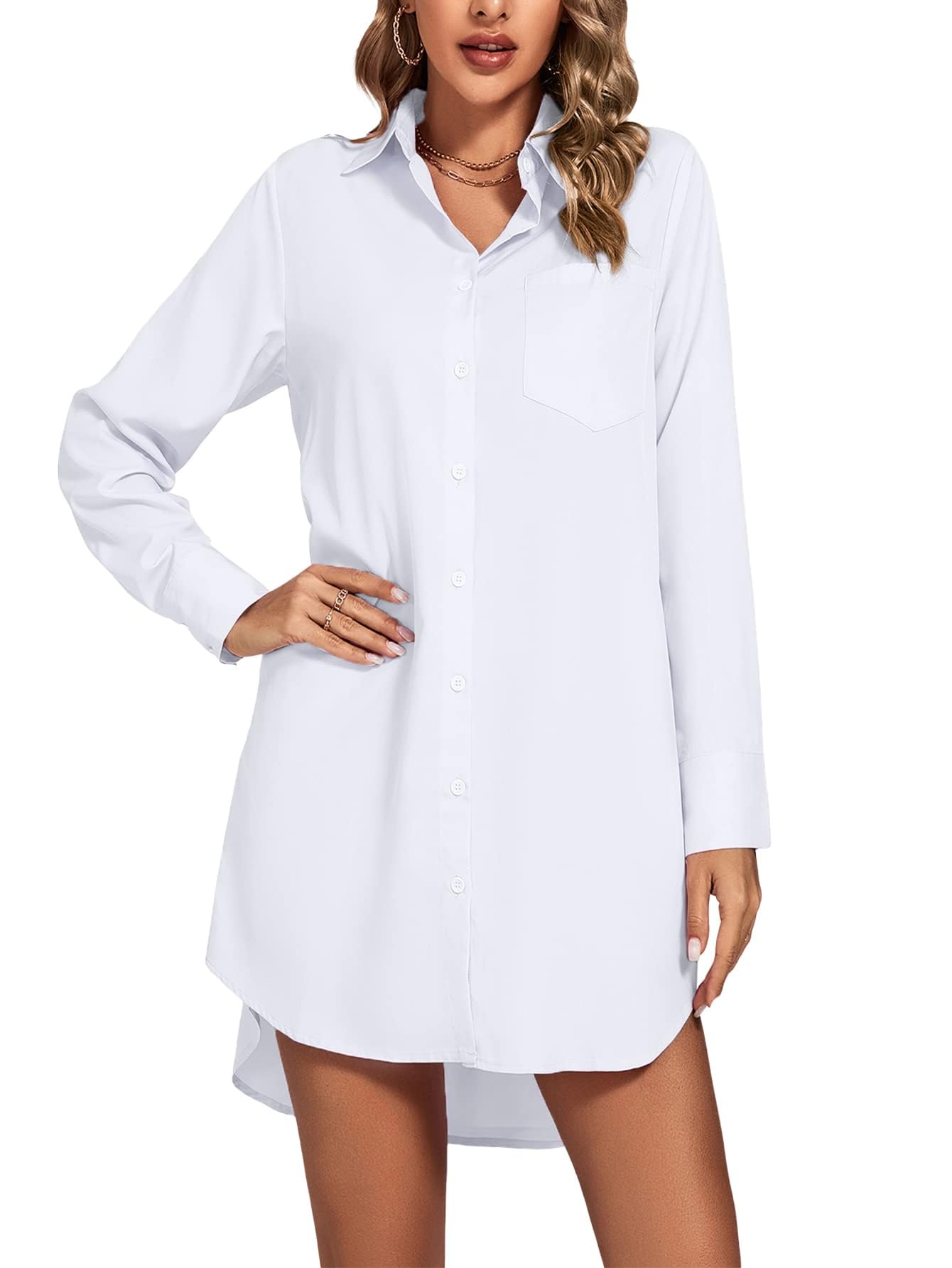 LYANER Women's Fashion Stand-up Collar V-neck Button-up Long-sleeved Curved Hem Shirt Dress  Sexy Form-fitting Summer Clothing with Pockets  Pure