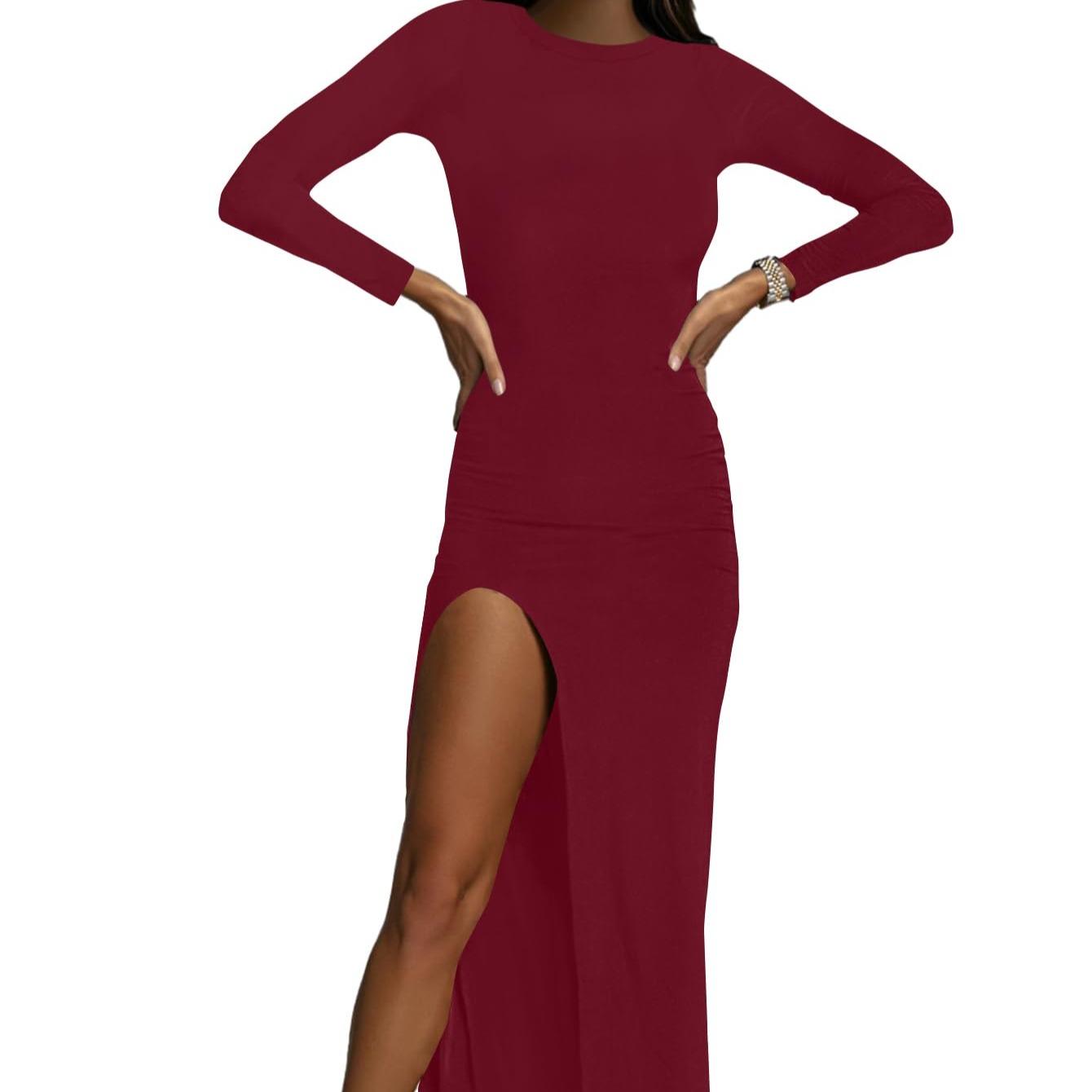 LYANER Women's High-Neck Long-Sleeve Split Hem Layered Hemline Cocktail Long Dress Summer Slim-Fit Fashionable Pure Black Long Dress