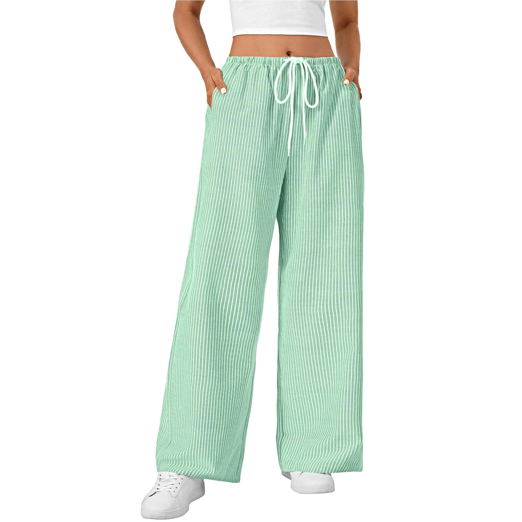 LYANER Women's Wide Leg Striped Pants Casual Drawstring Elastic Low Rise Pajama Pants Lounge Wear Trousers