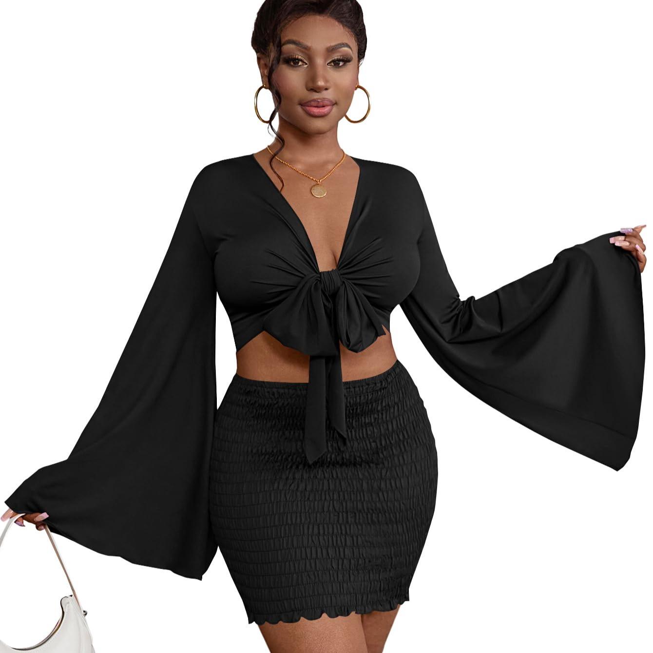 LYANER Women's Two-Piece Set with Tie-Front Slit Long-Sleeved Cropped Top and Mini Skirt Set in Light Green Girly Style Clothing