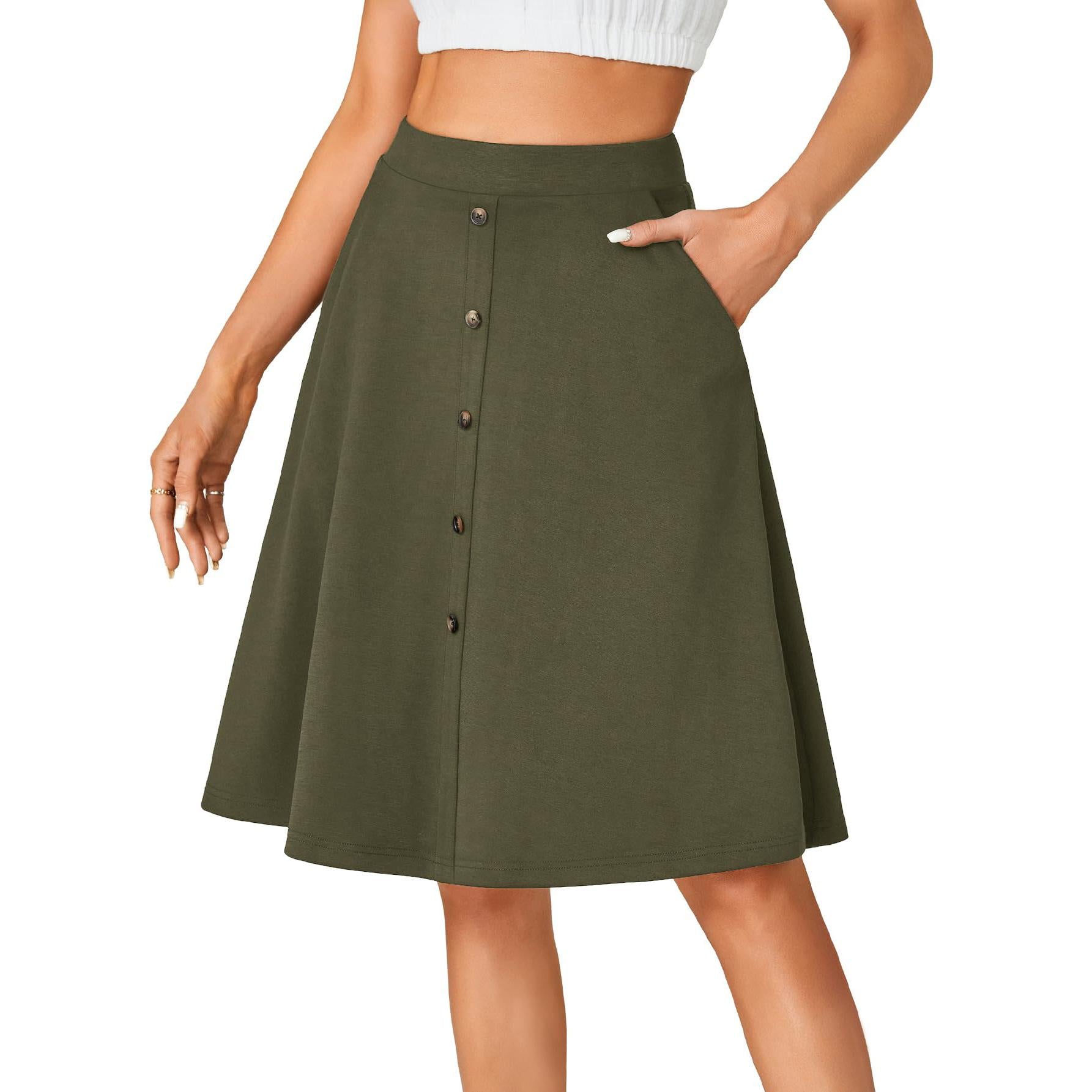LYANER  Women's Knee Length Casual Skirt Stretchy Button High Waist A-Line Flared Vintage Midi Skirts with Pocket