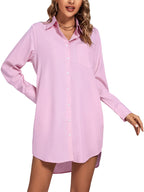 LYANER Women's Collar V Neck Button Down Long Sleeve Cruved Hem Shirt Dress Boyfriend with Pockets