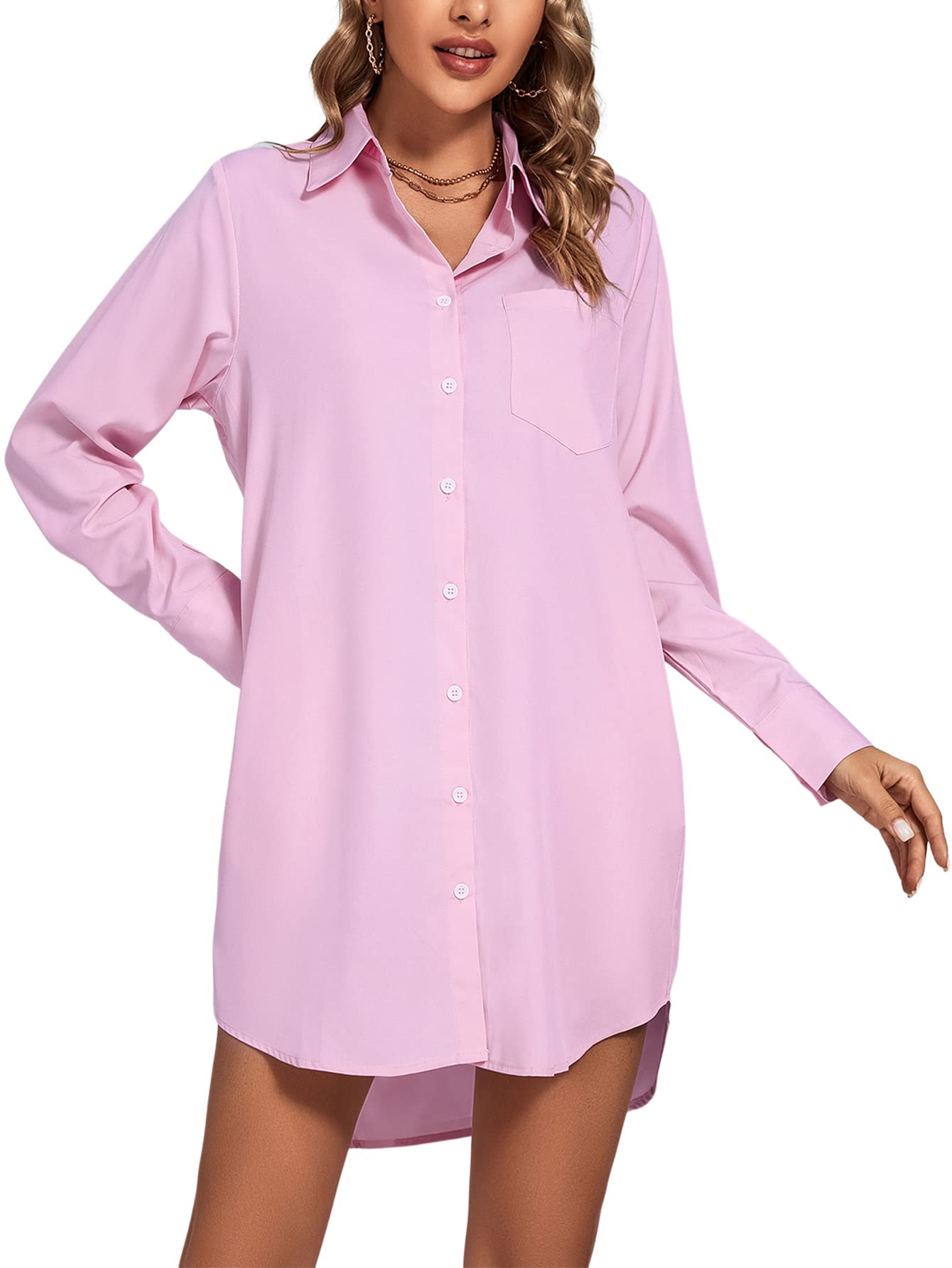 LYANER Women's Collar V Neck Button Down Long Sleeve Cruved Hem Shirt Dress Boyfriend with Pockets