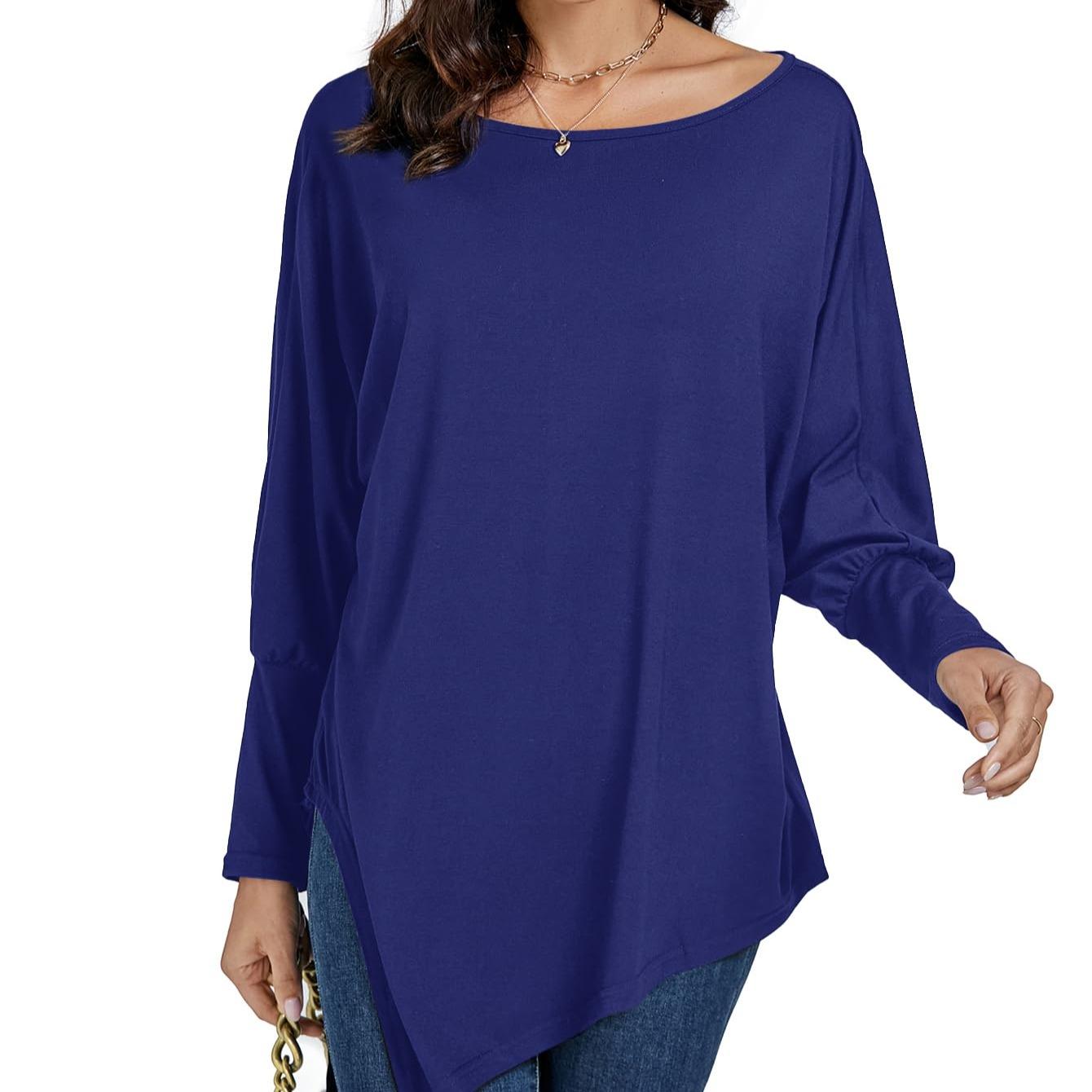 LYANER Women's Boat Neck Asymmetrical Hem Batwing Sleeve Long Sleeve Slit Loose Summer Dress Top Fashionable and Elegant