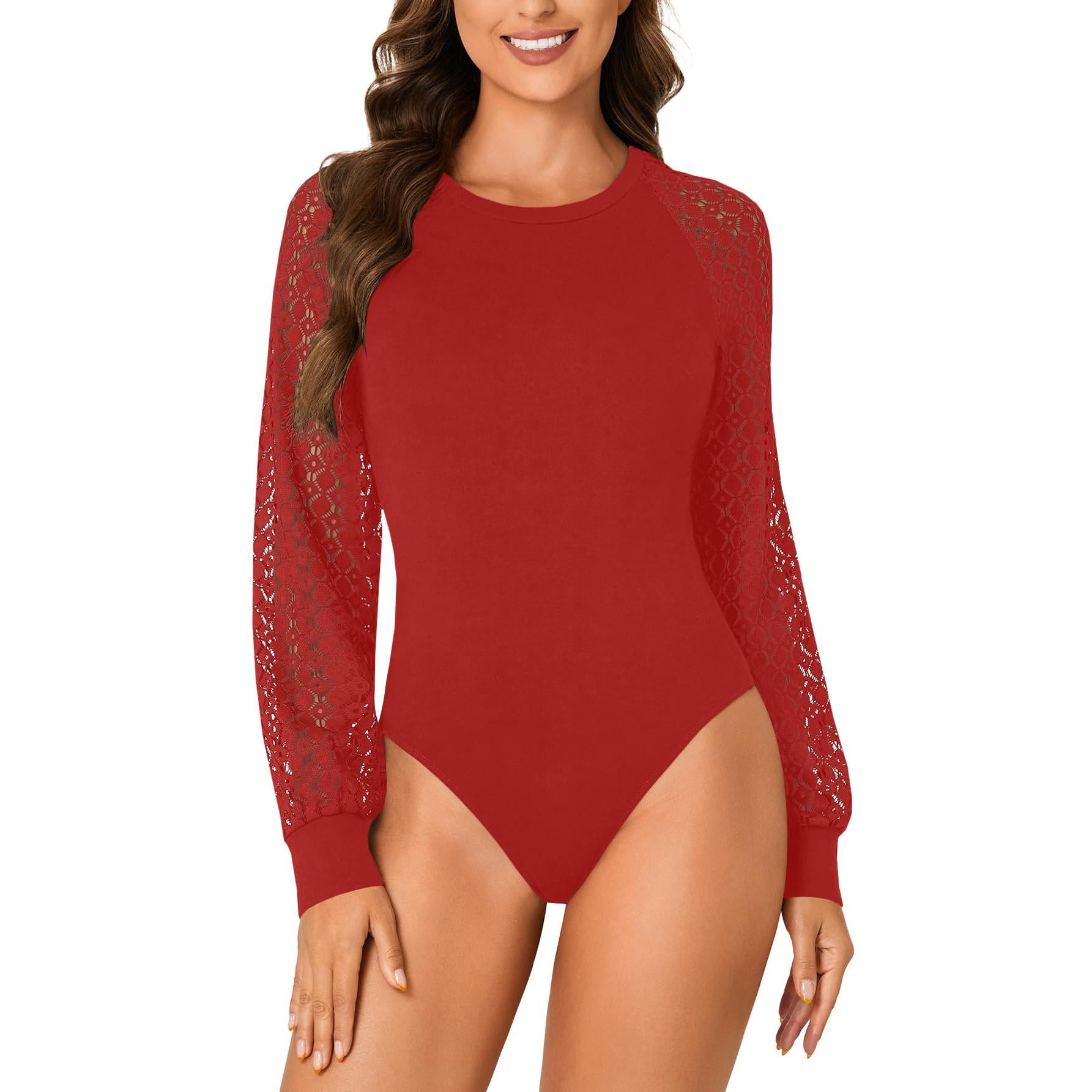 LYANER Women's Crew Neck Bodysuit Lace Hollow Out Long Sleeve Slim Fit Stretchy Leotards Tops