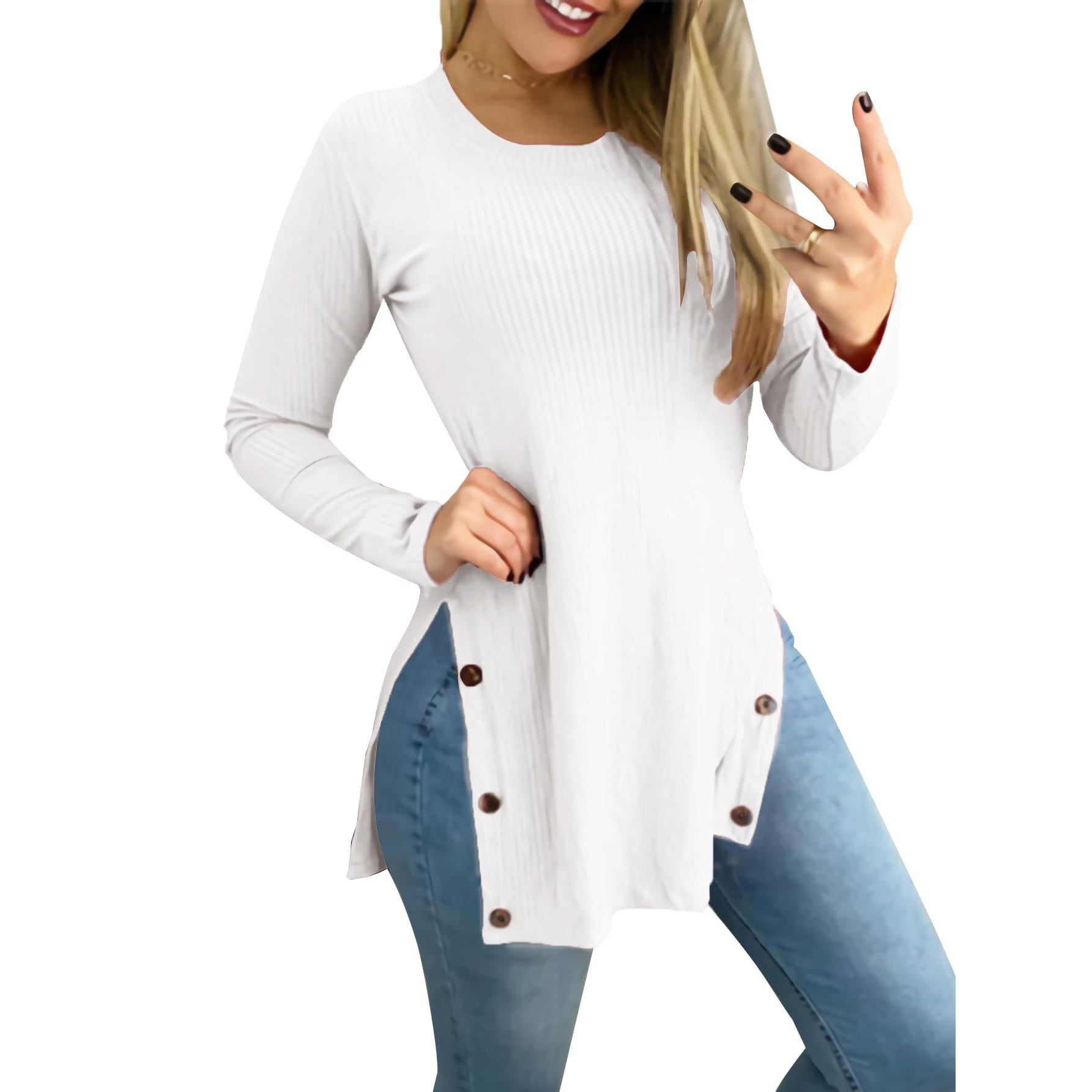 LYANER Women's Button Split Slit Sides Scoop Neck Long Sleeve Blouse Tunic Top