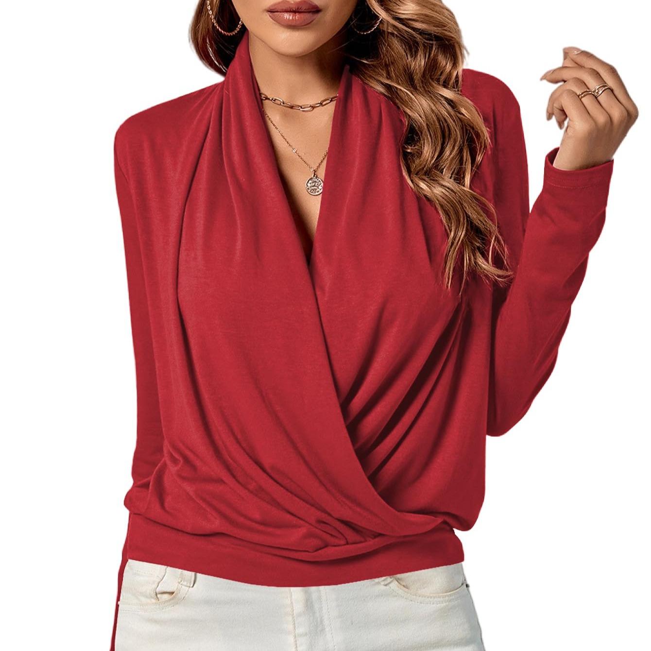 LYANER Women's Casual V-neck Cross-over Long Sleeve Summer New Style Fashion Solid Color Women's Shirt Top